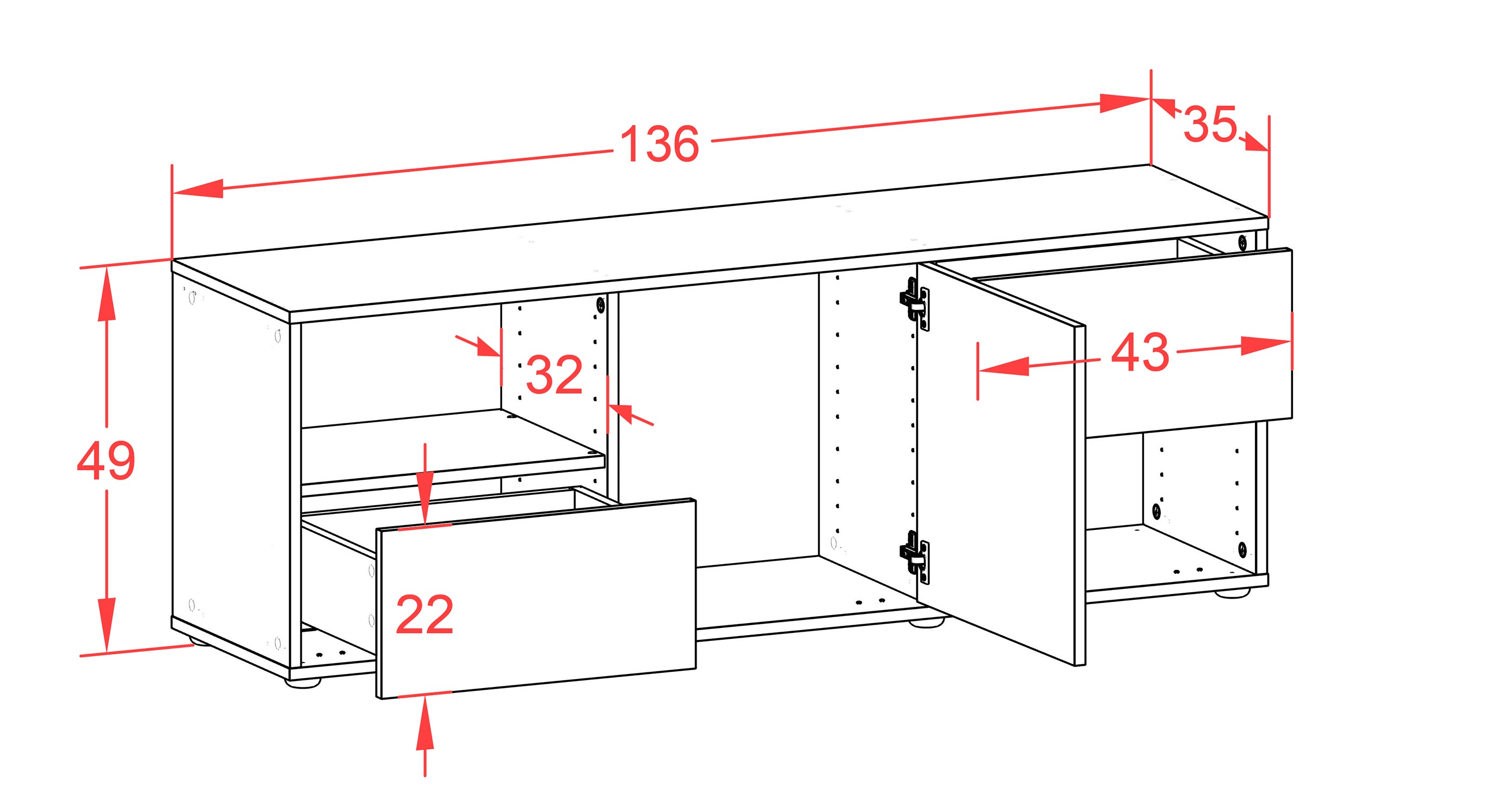 Lowboard - Ambra - Design Industrie Stil - Freistehend mit Push to Open 136 cm Weiss