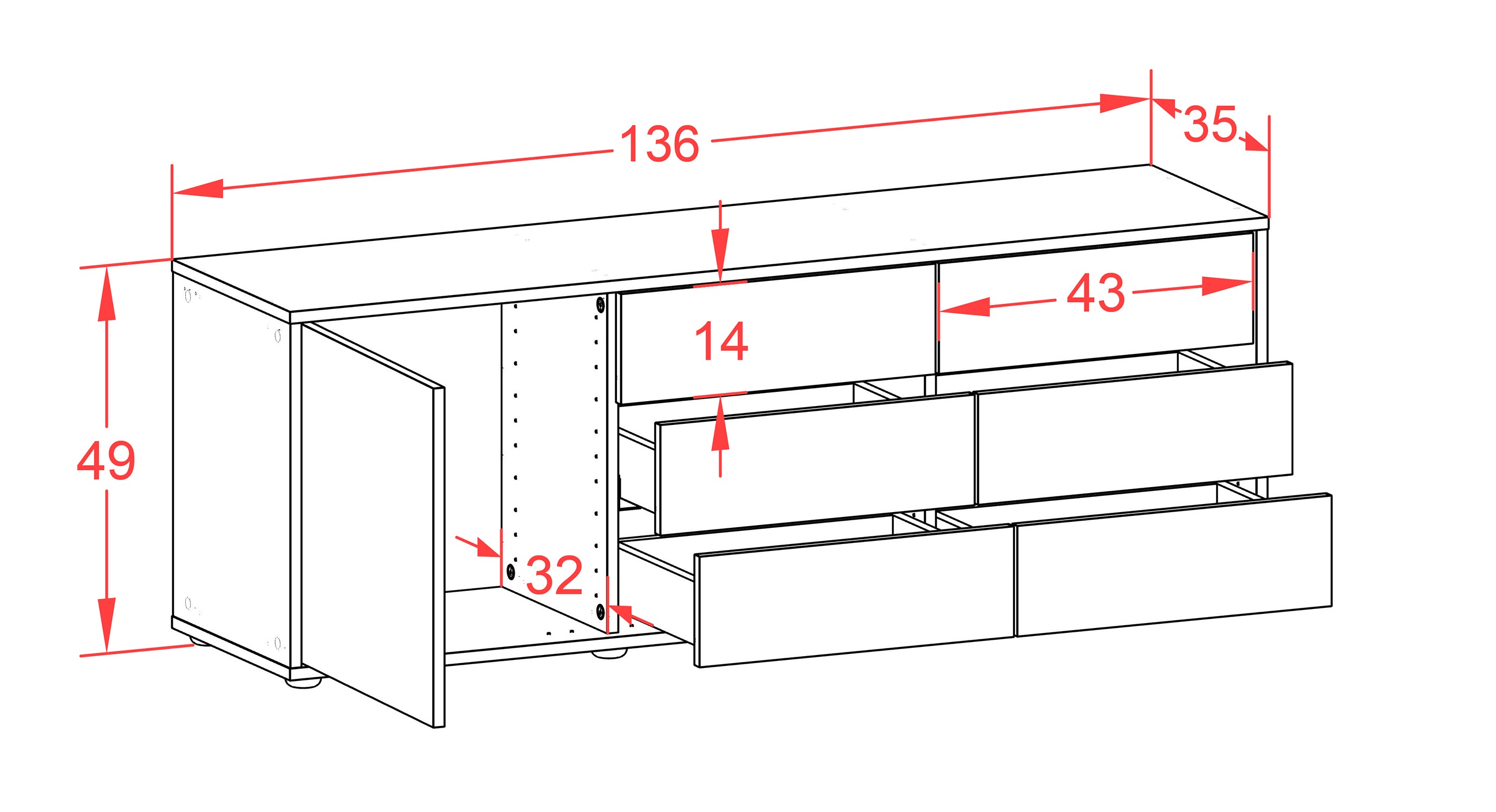 Lowboard - Amedea - Design Industrie Stil - Freistehend mit Push to Open 136 cm Weiss