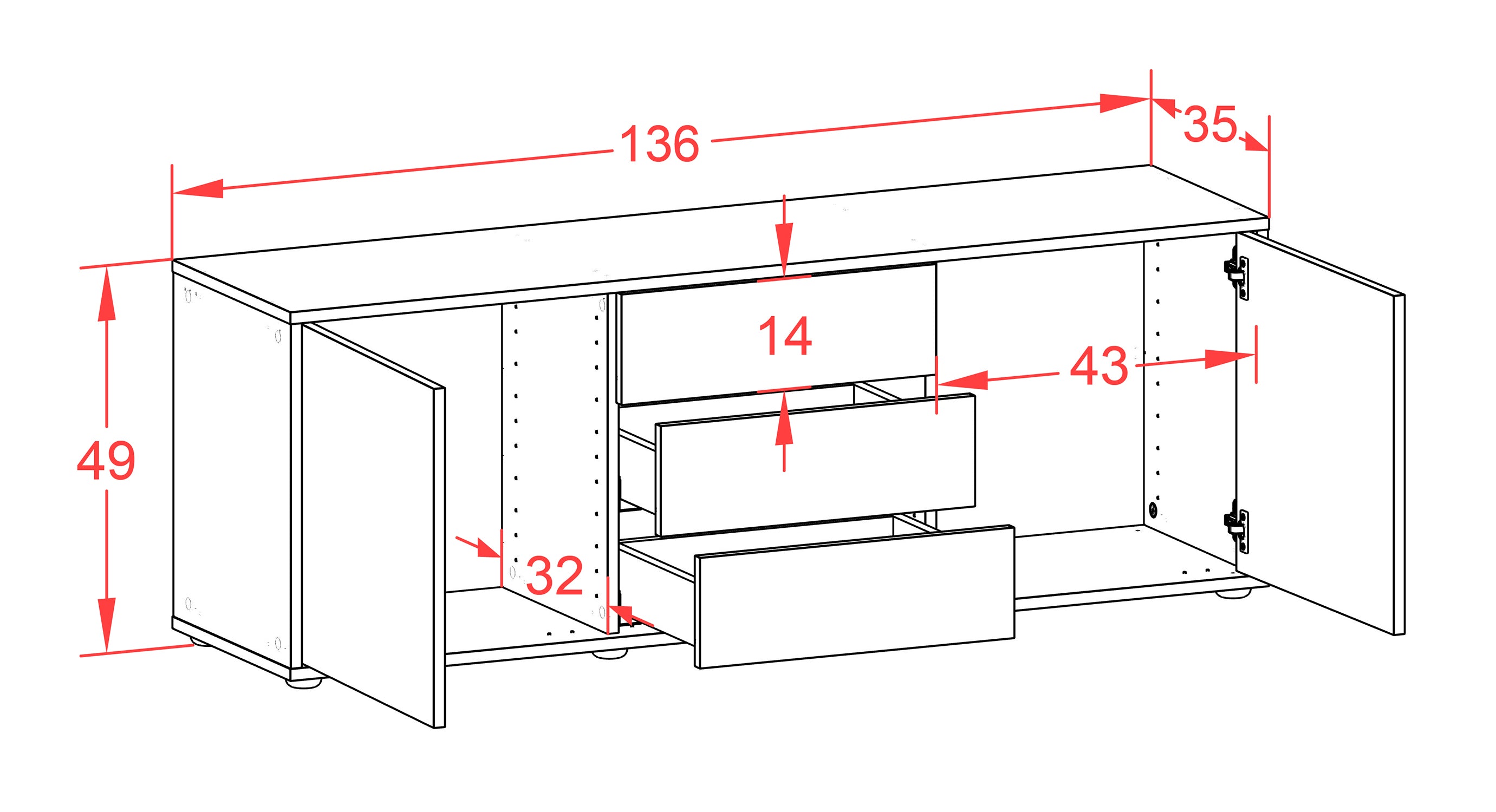 Lowboard - Ameline - Design Industrie Stil - Freistehend mit Push to Open 136 cm Weiss