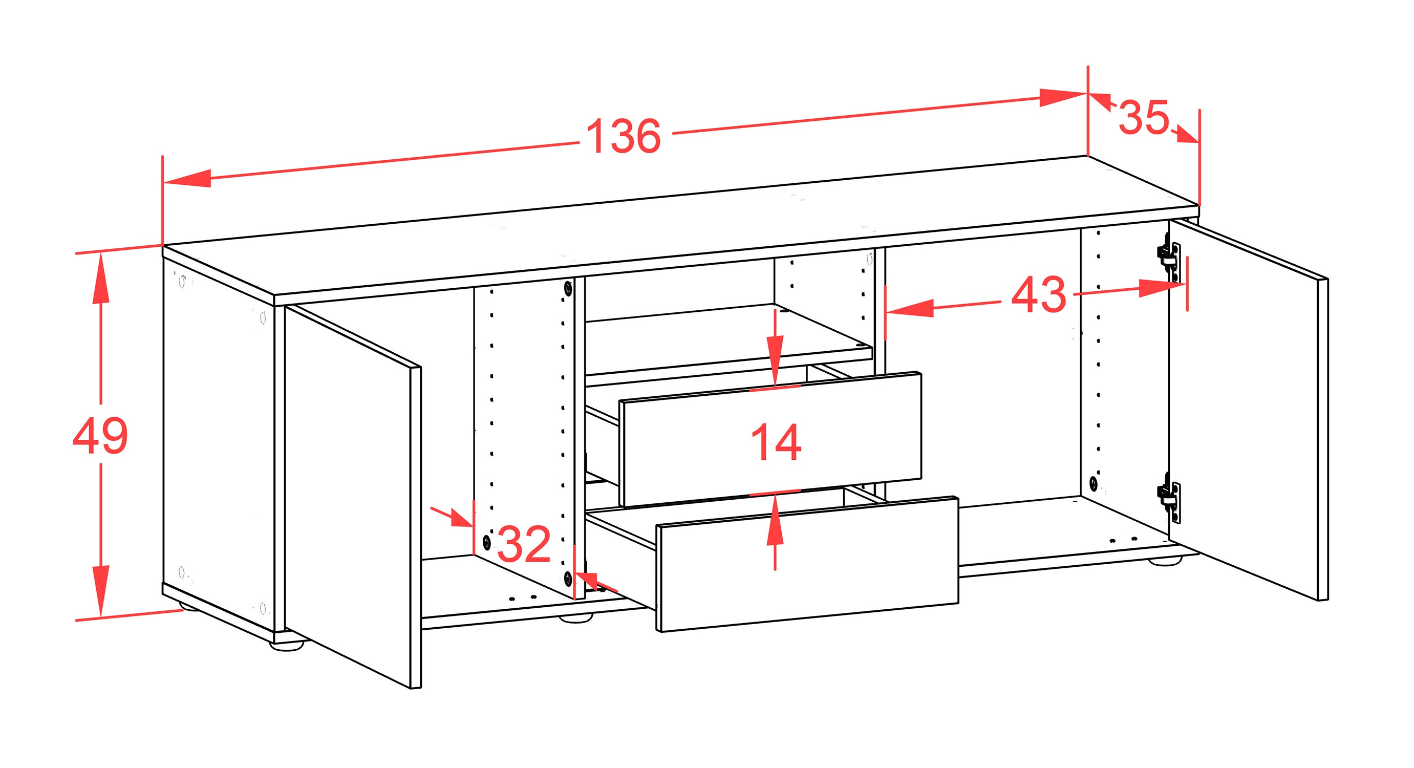 Lowboard - Ameriga - Design Holzdekor - Freistehend mit Push to Open 136 cm Anthrazit