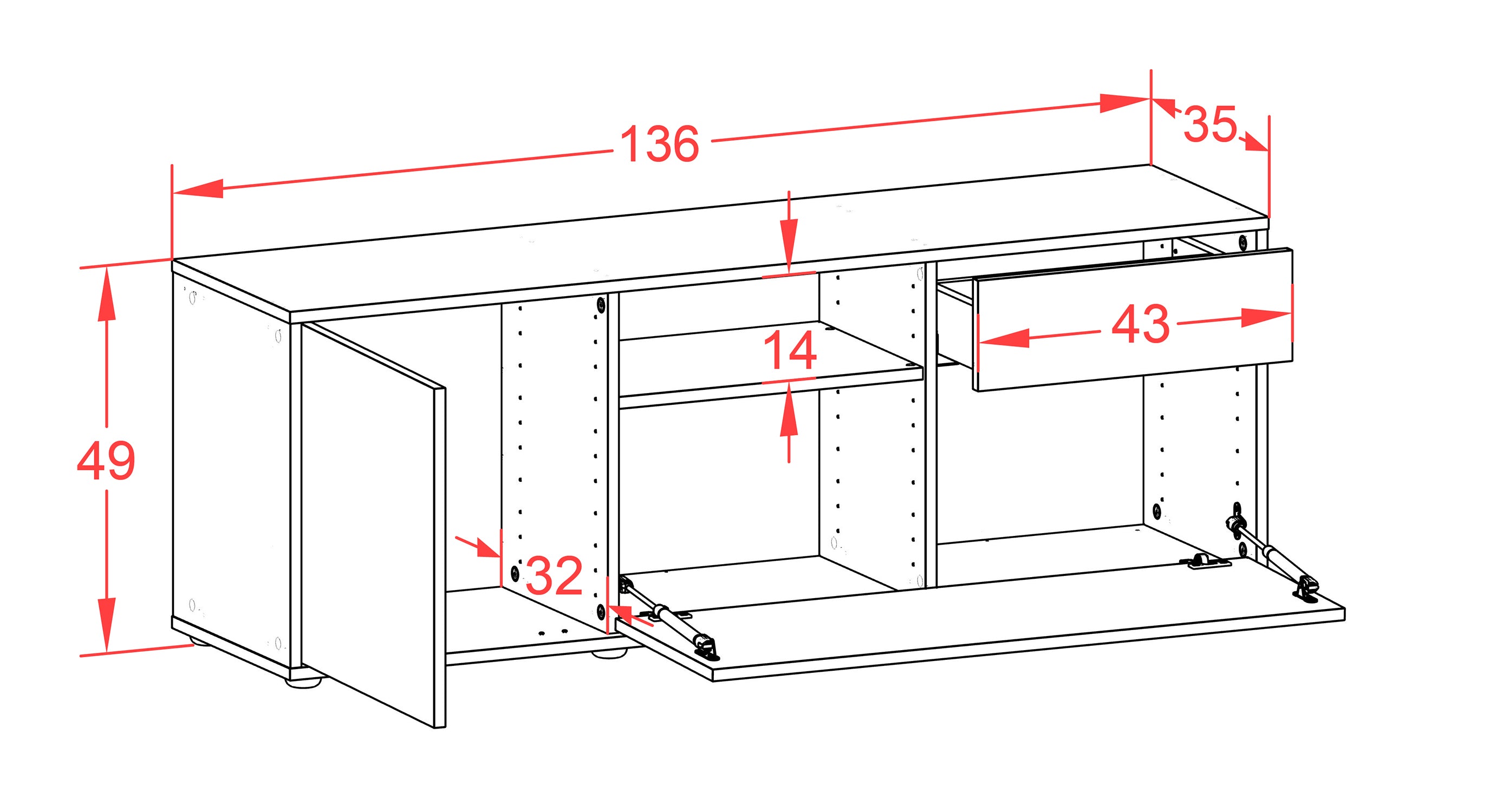 Lowboard - Amila - Design Farbakzent - Freistehend mit Push to Open 136 cm Anthrazit