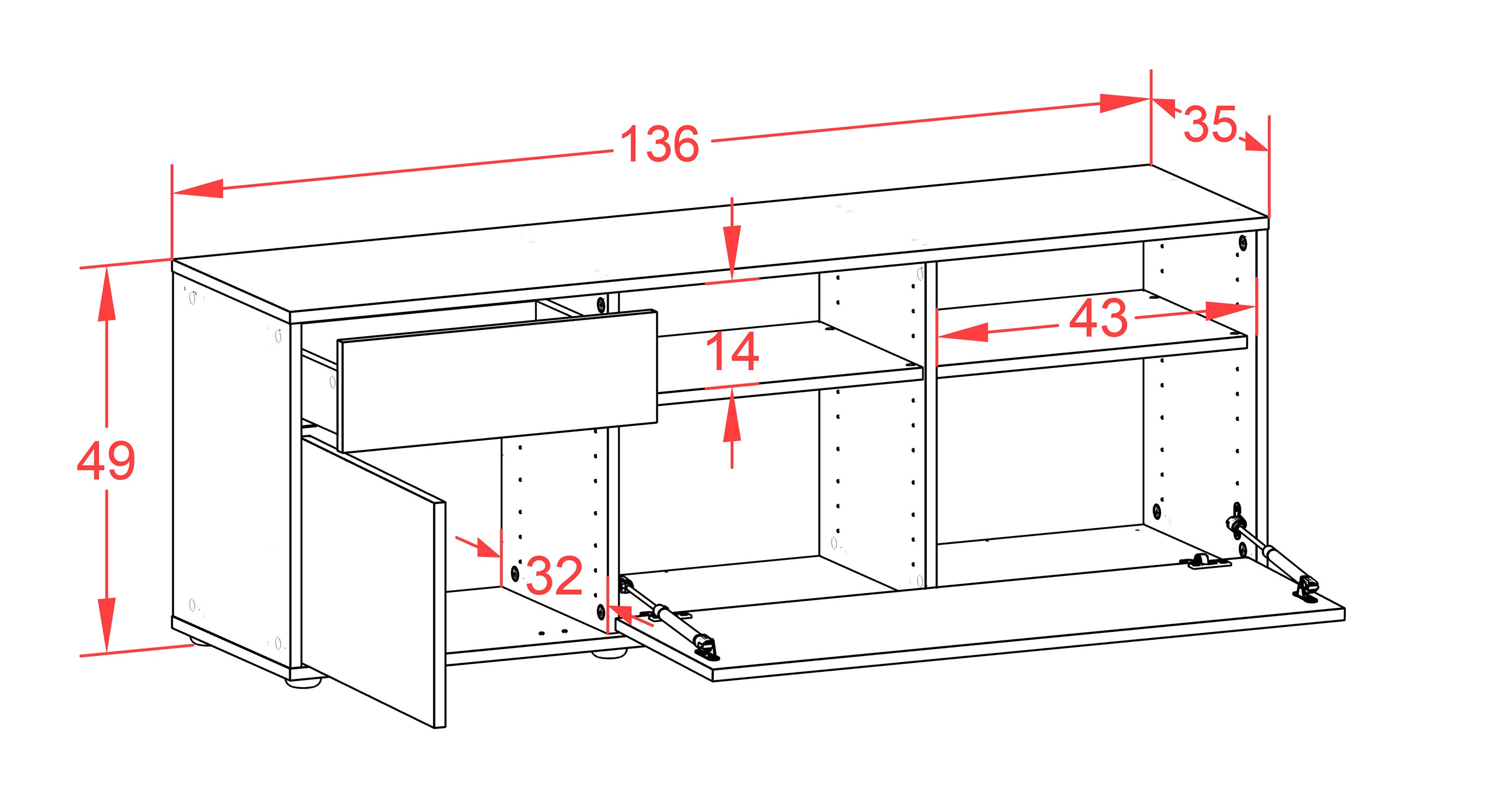 Lowboard - Amisa - Design Industrie Stil - Freistehend mit Push to Open 136 cm Weiss