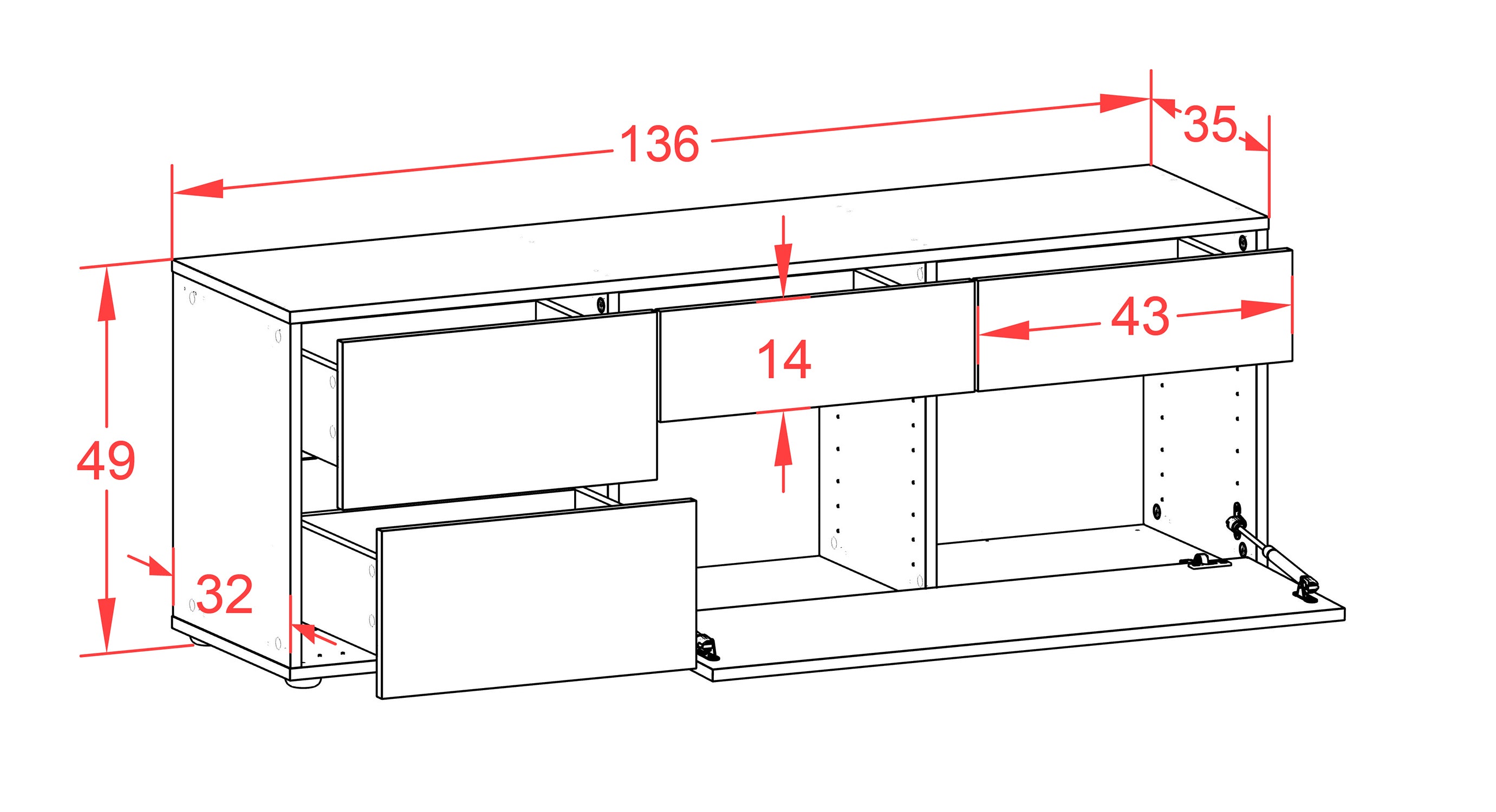 Lowboard - Anais - Design Industrie Stil - Freistehend mit Push to Open 136 cm Weiss