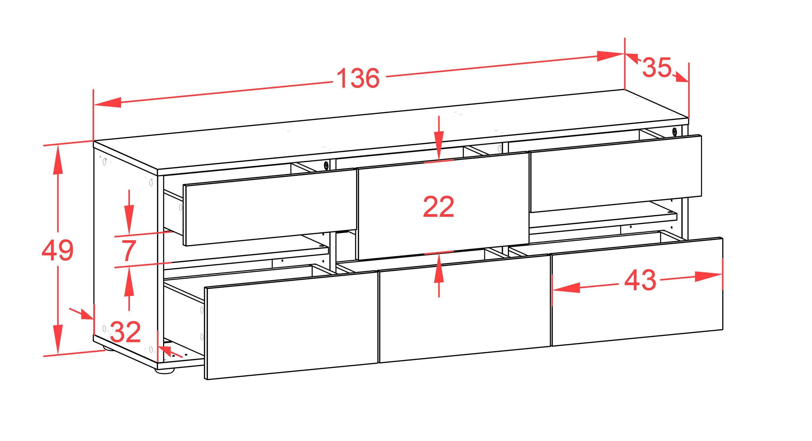 Lowboard - Andrea - Design Industrie Stil - Freistehend mit Push to Open 136 cm Anthrazit