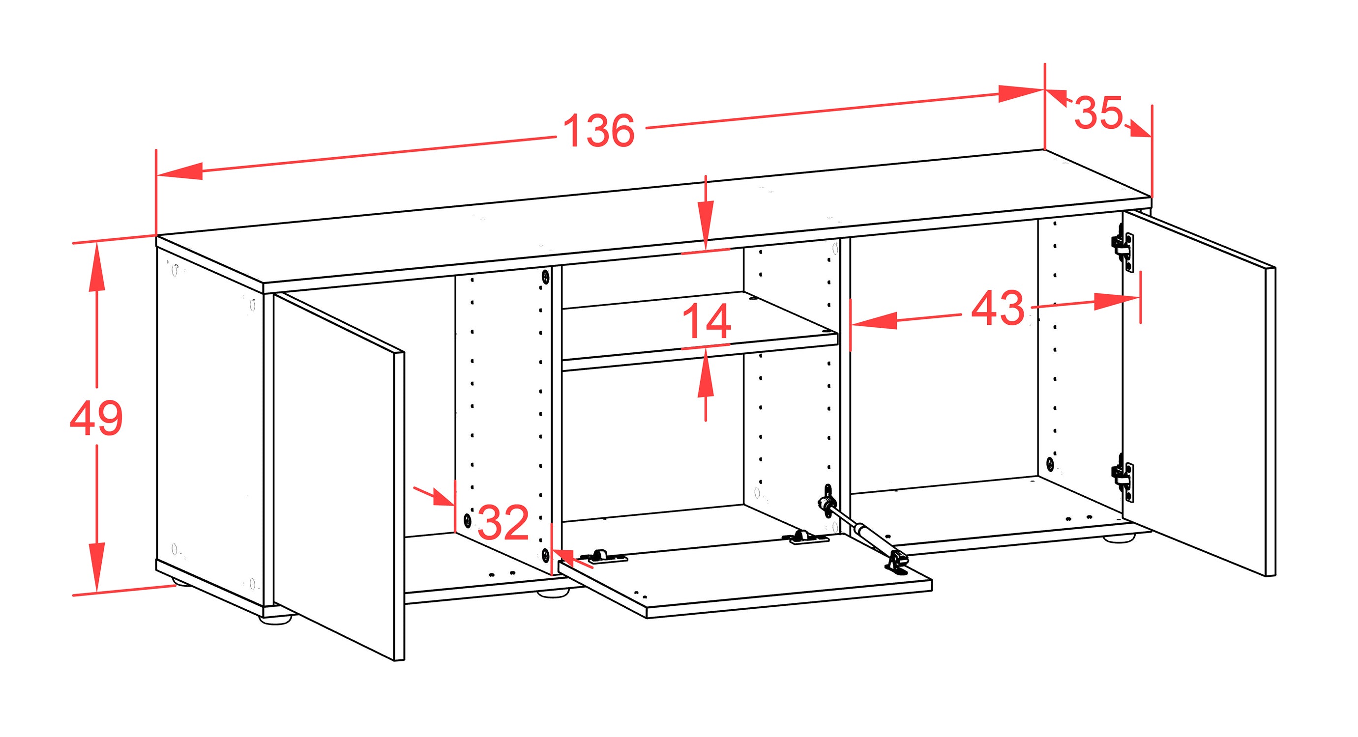 Lowboard - Andreana - Design Farbakzent - Freistehend mit Push to Open 136 cm Weiss