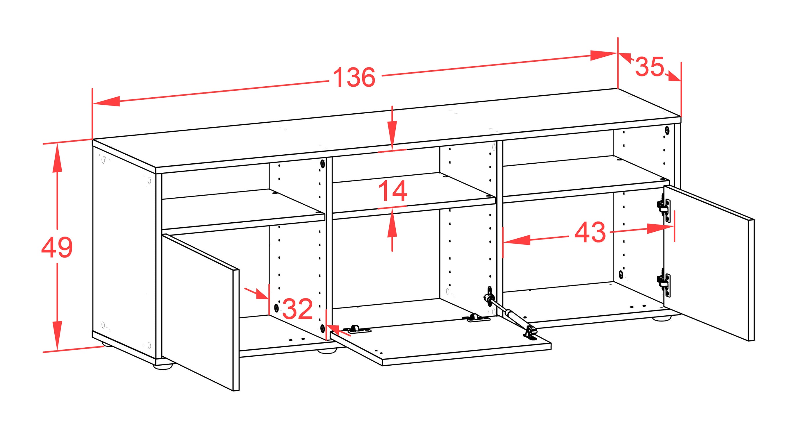Lowboard - Andrina - Design Farbakzent - Freistehend mit Push to Open 136 cm Weiss