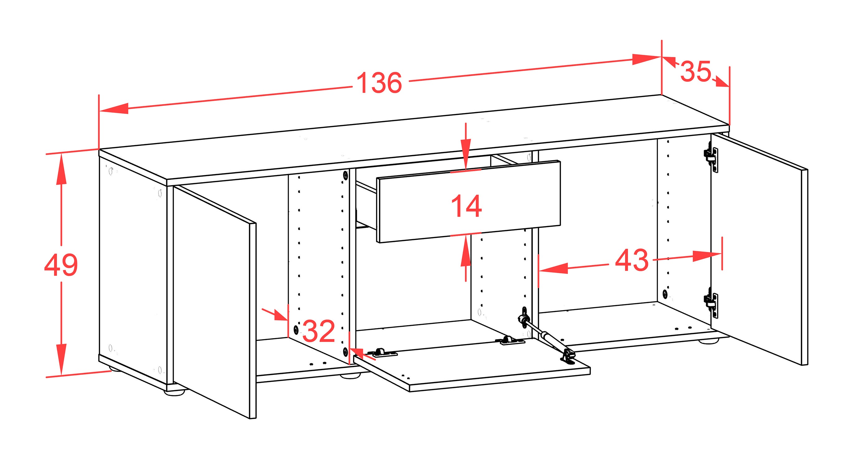 Lowboard - Anella - Design Holzdekor - Freistehend mit Push to Open 136 cm Anthrazit