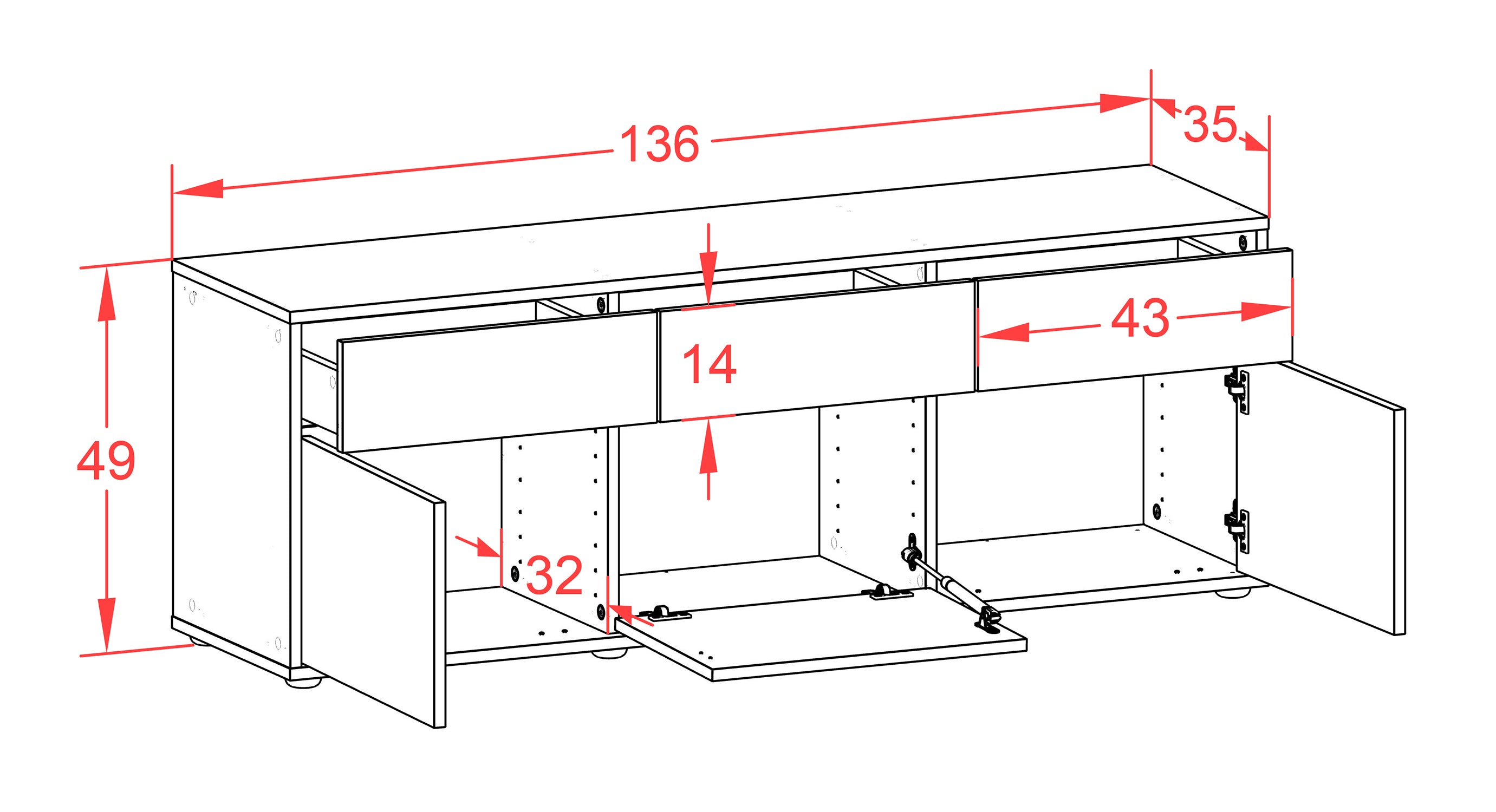 Lowboard - Angela - Design Industrie Stil - Freistehend mit Push to Open 136 cm Anthrazit