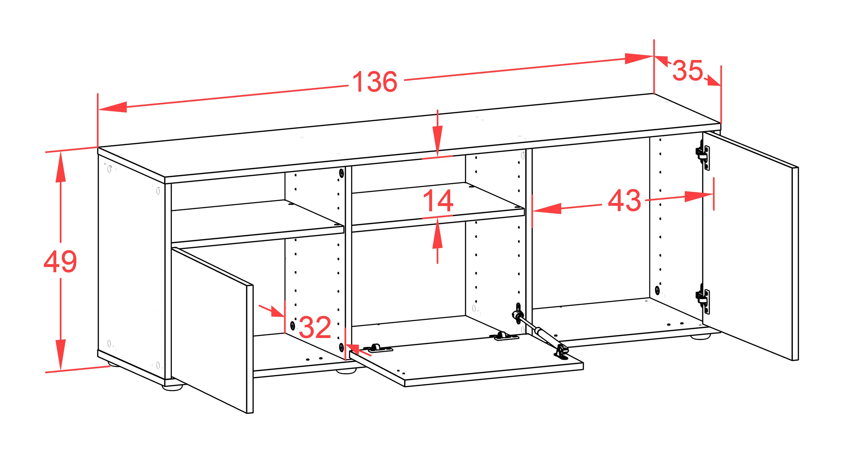 Lowboard - Anina - Design Farbakzent - Freistehend mit Push to Open 136 cm Anthrazit