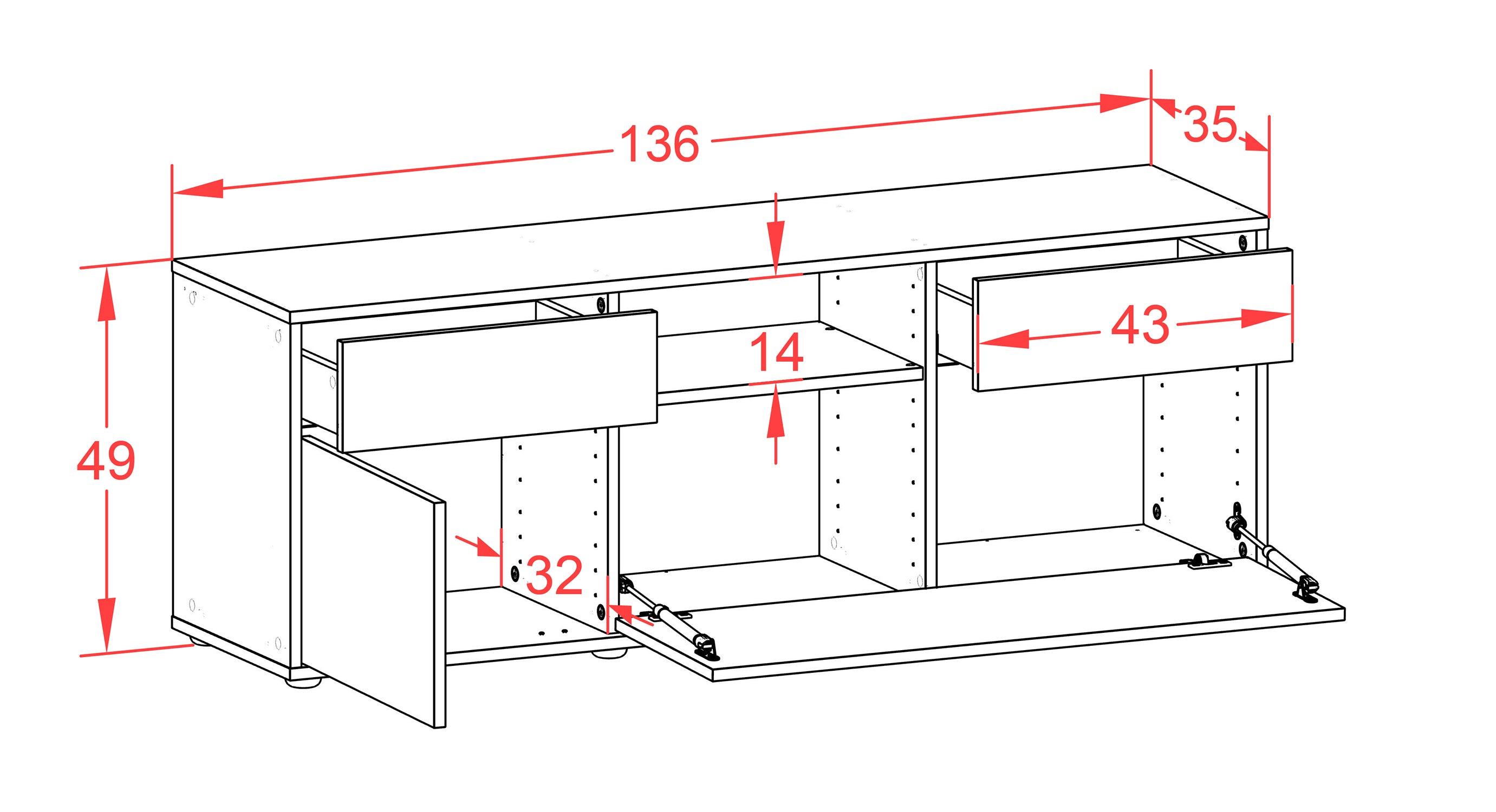 Lowboard - Anita - Design Farbakzent - Freistehend mit Push to Open 136 cm Weiss