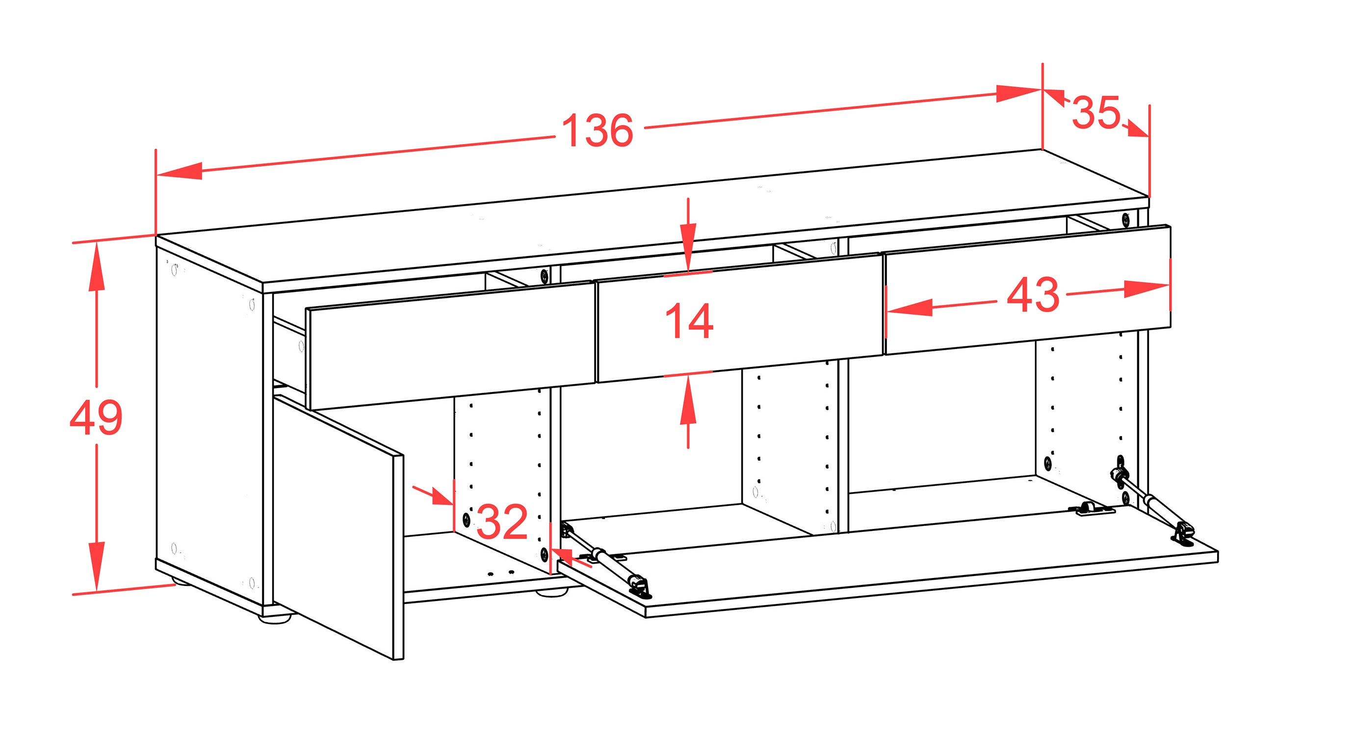 Lowboard - Anjelika - Design Hochglanz - Freistehend mit Push to Open 136 cm Anthrazit