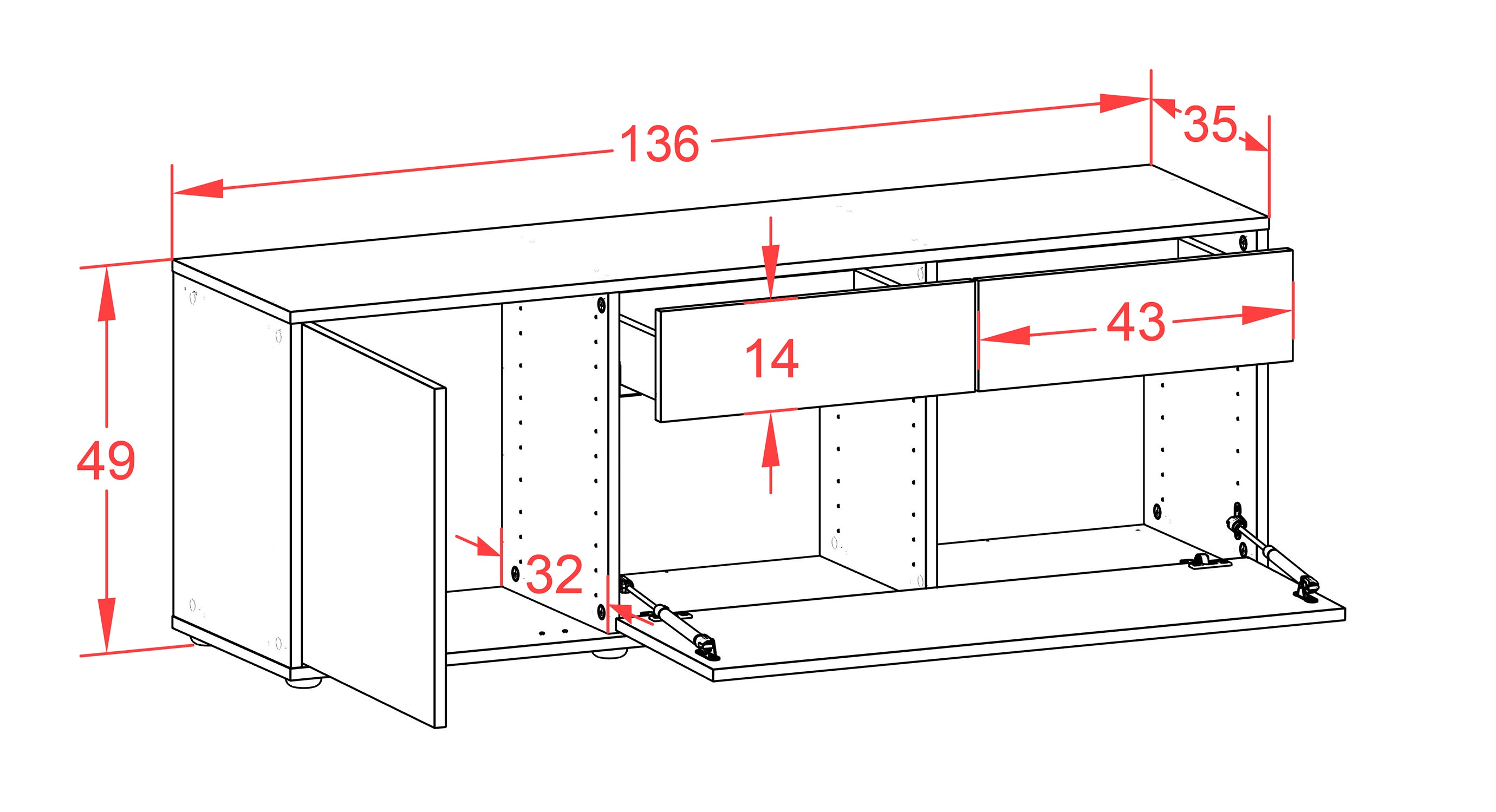 Lowboard - Annabell - Design Hochglanz - Freistehend mit Push to Open 136 cm Weiss