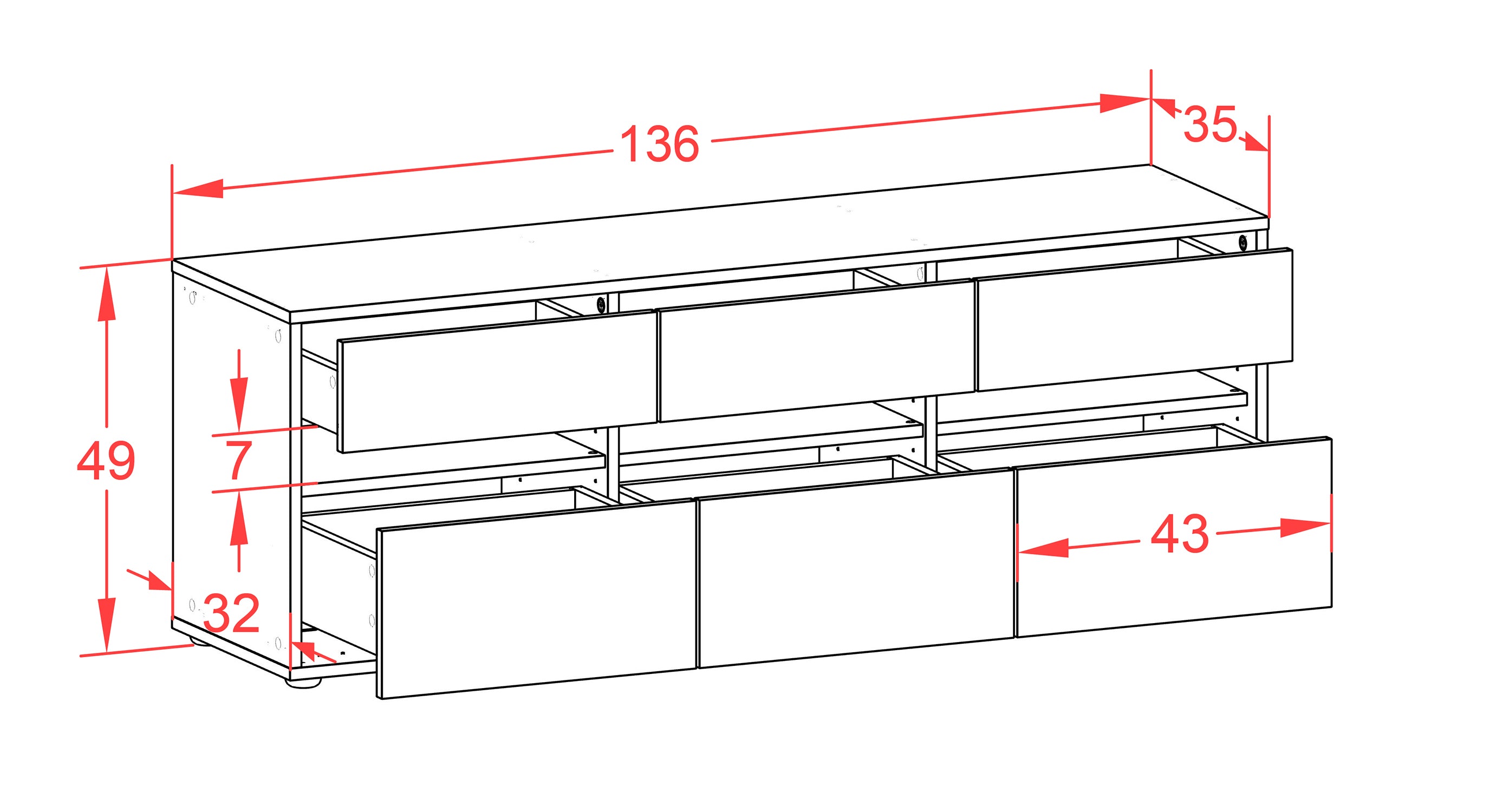 Lowboard - Annalena - Design Farbakzent - Freistehend mit Push to Open 136 cm Anthrazit