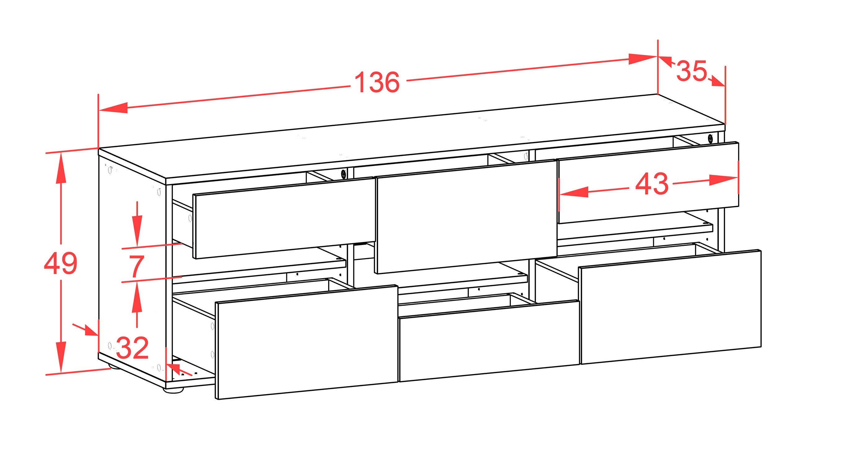 Lowboard - Annalisa - Design Industrie Stil - Freistehend mit Push to Open 136 cm Weiss