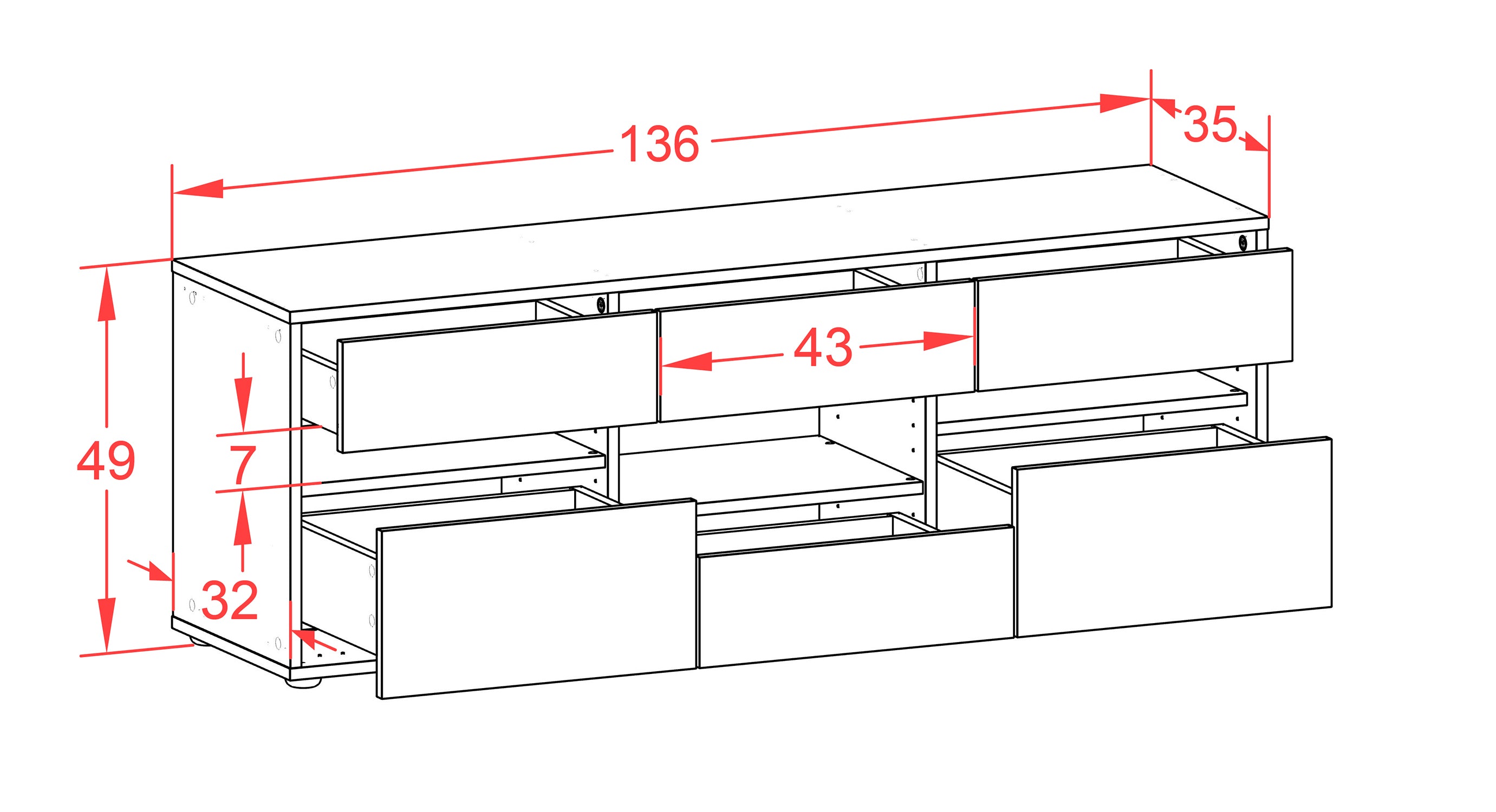 Lowboard - Annamaria - Design Holzdekor - Freistehend mit Push to Open 136 cm Weiss