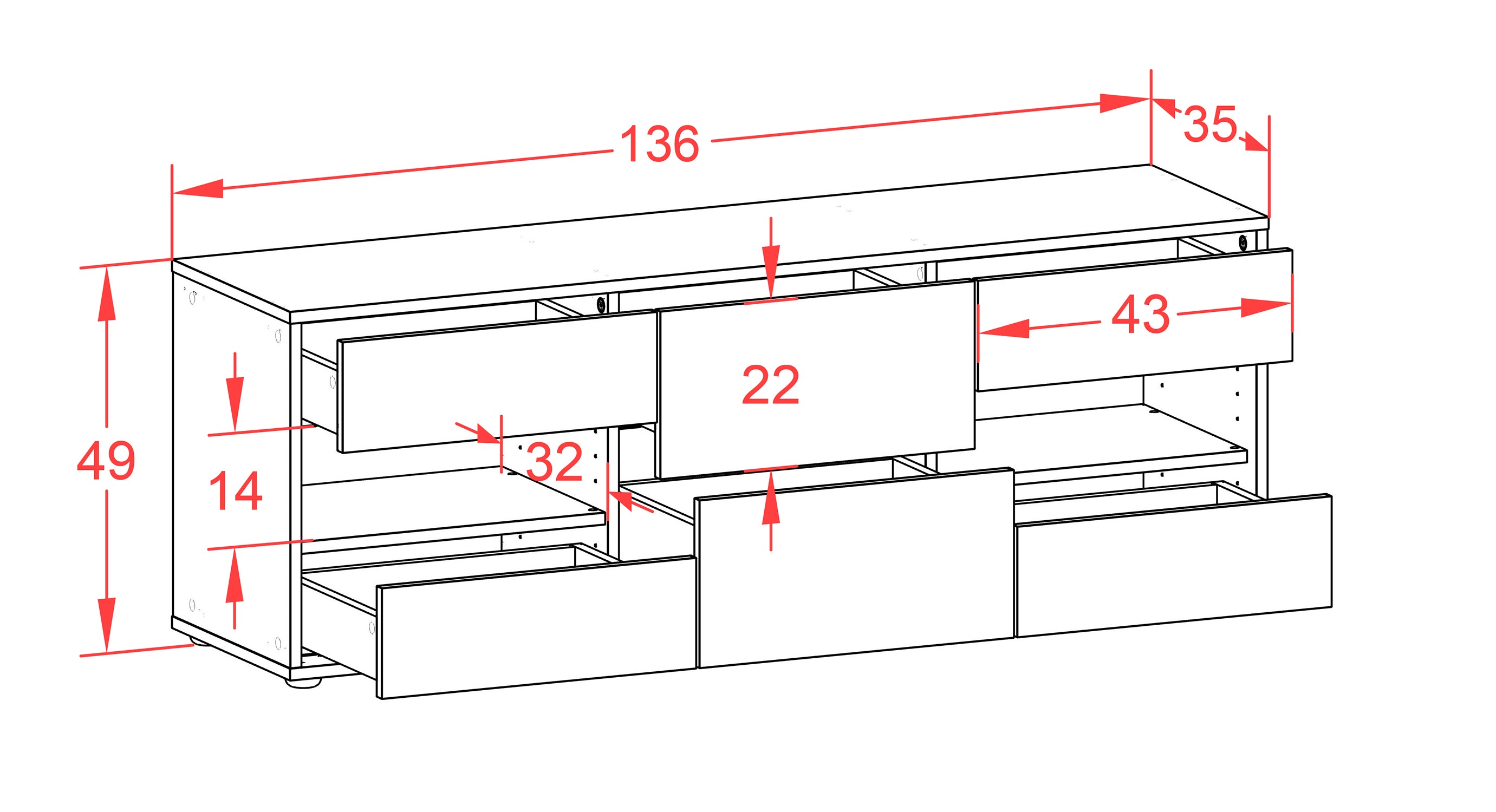 Lowboard - Anni - Design Farbakzent - Freistehend mit Push to Open 136 cm Weiss
