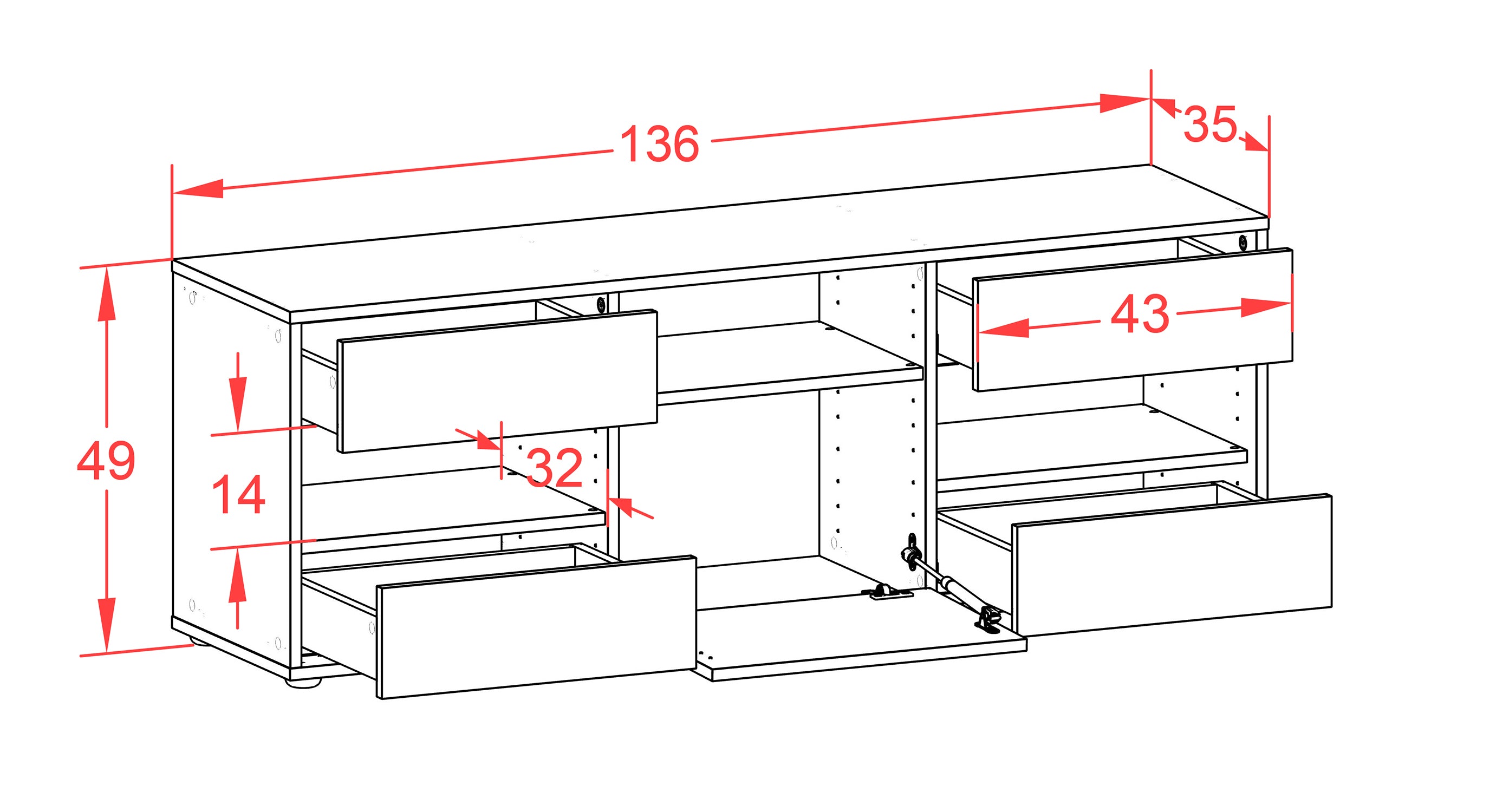 Lowboard - Annina - Design Farbakzent - Freistehend mit Push to Open 136 cm Anthrazit