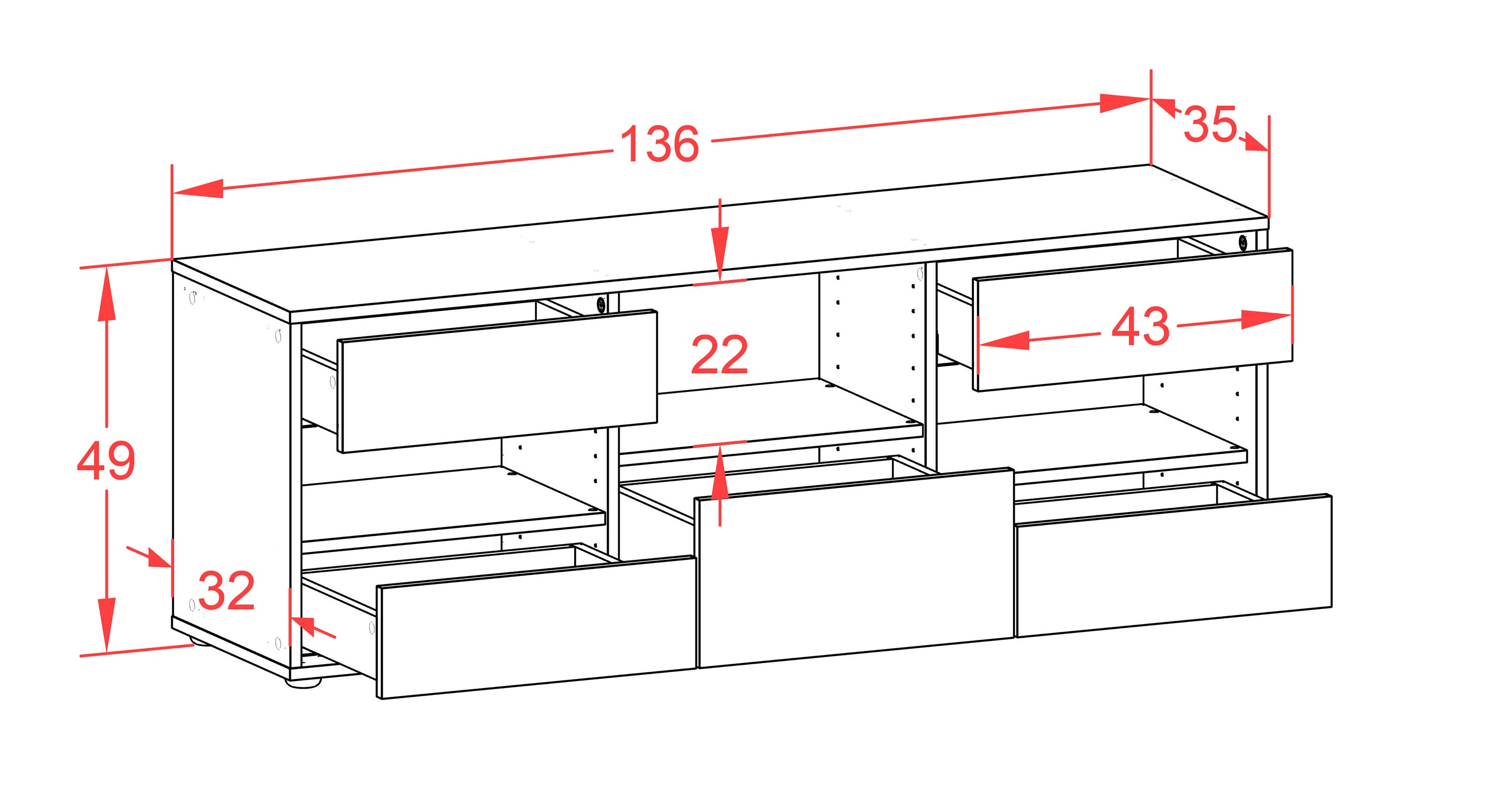 Lowboard - Annunziata - Design Farbakzent - Freistehend mit Push to Open 136 cm Anthrazit