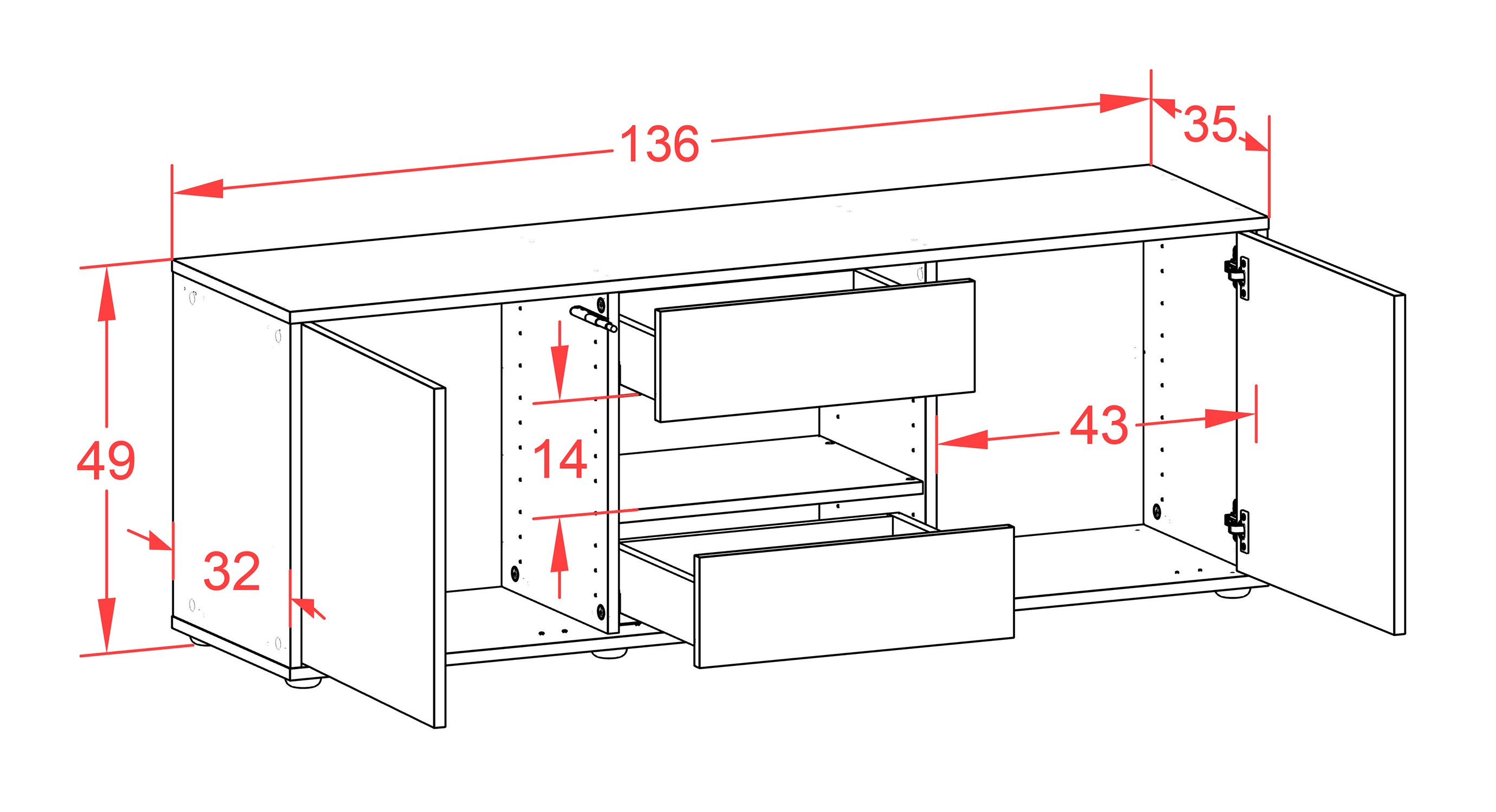 Lowboard - Antonella - Design Industrie Stil - Freistehend mit Push to Open 136 cm Anthrazit