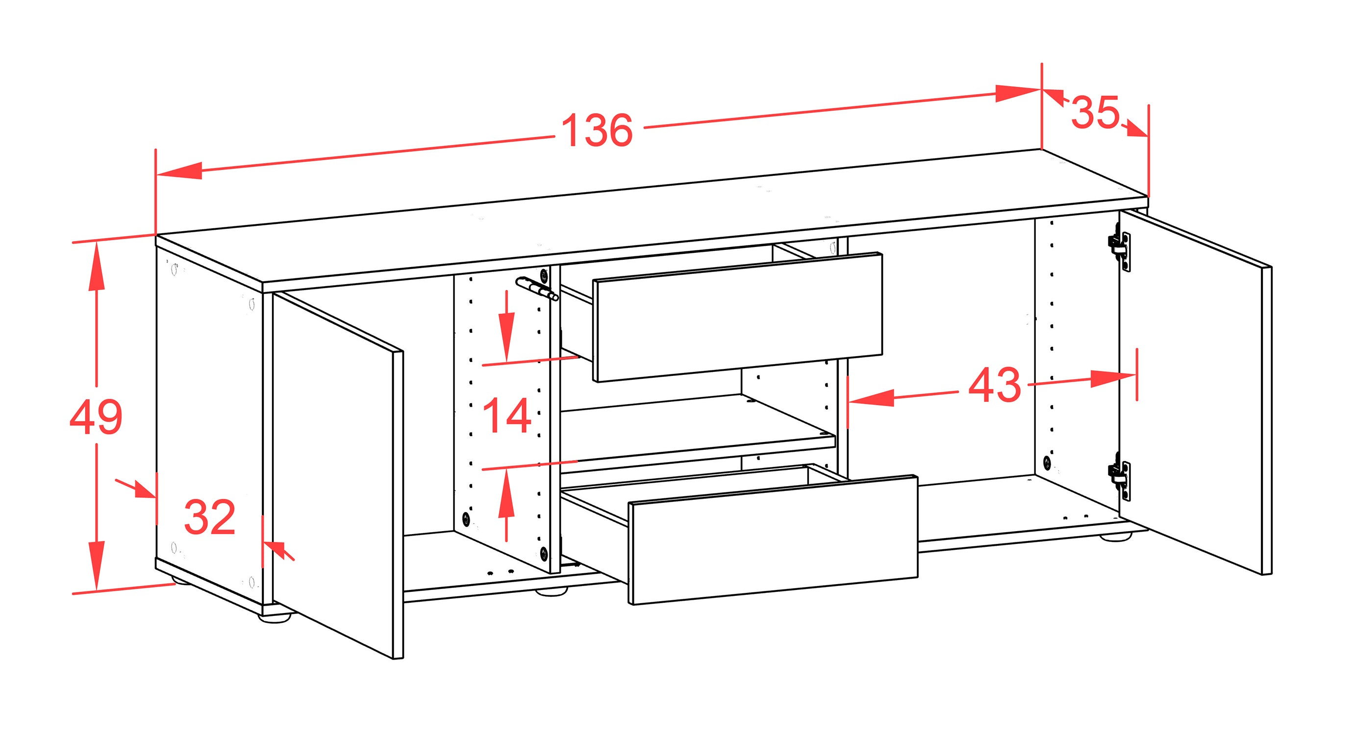 Lowboard - Antonella - Design Farbakzent - Freistehend mit Push to Open 136 cm Weiss