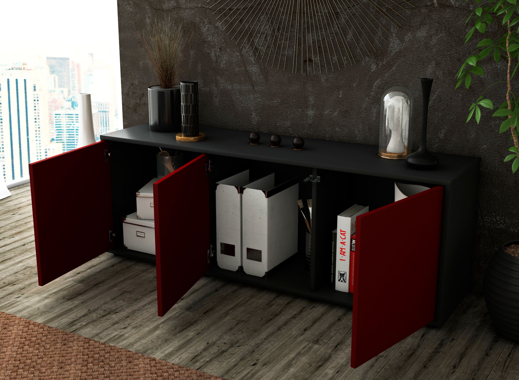 Lowboard - Allegra - Design Farbakzent - Freistehend mit Push to Open 136 cm Anthrazit