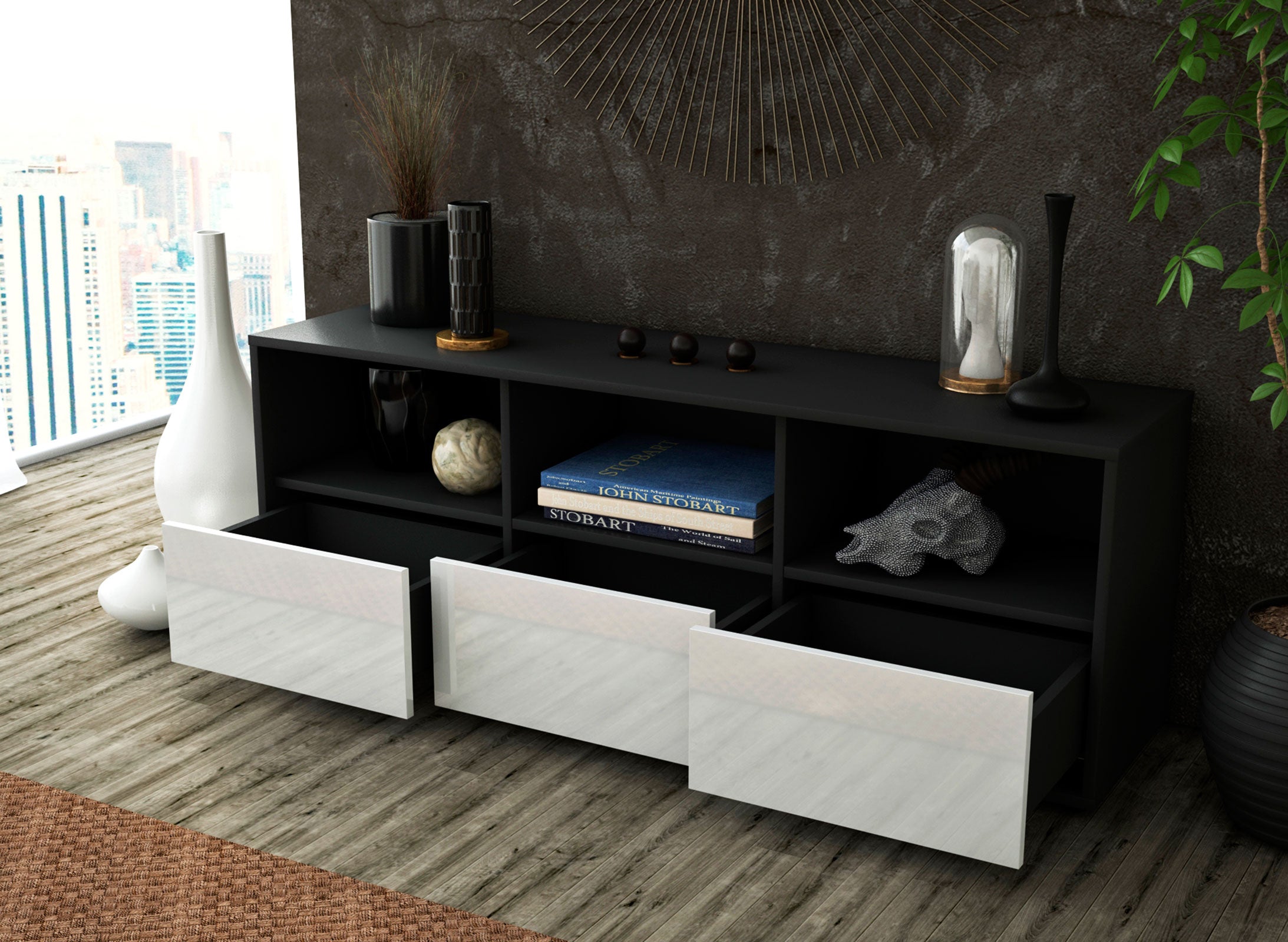 Lowboard - Amalia - Design Hochglanz - Freistehend mit Push to Open 136 cm Anthrazit