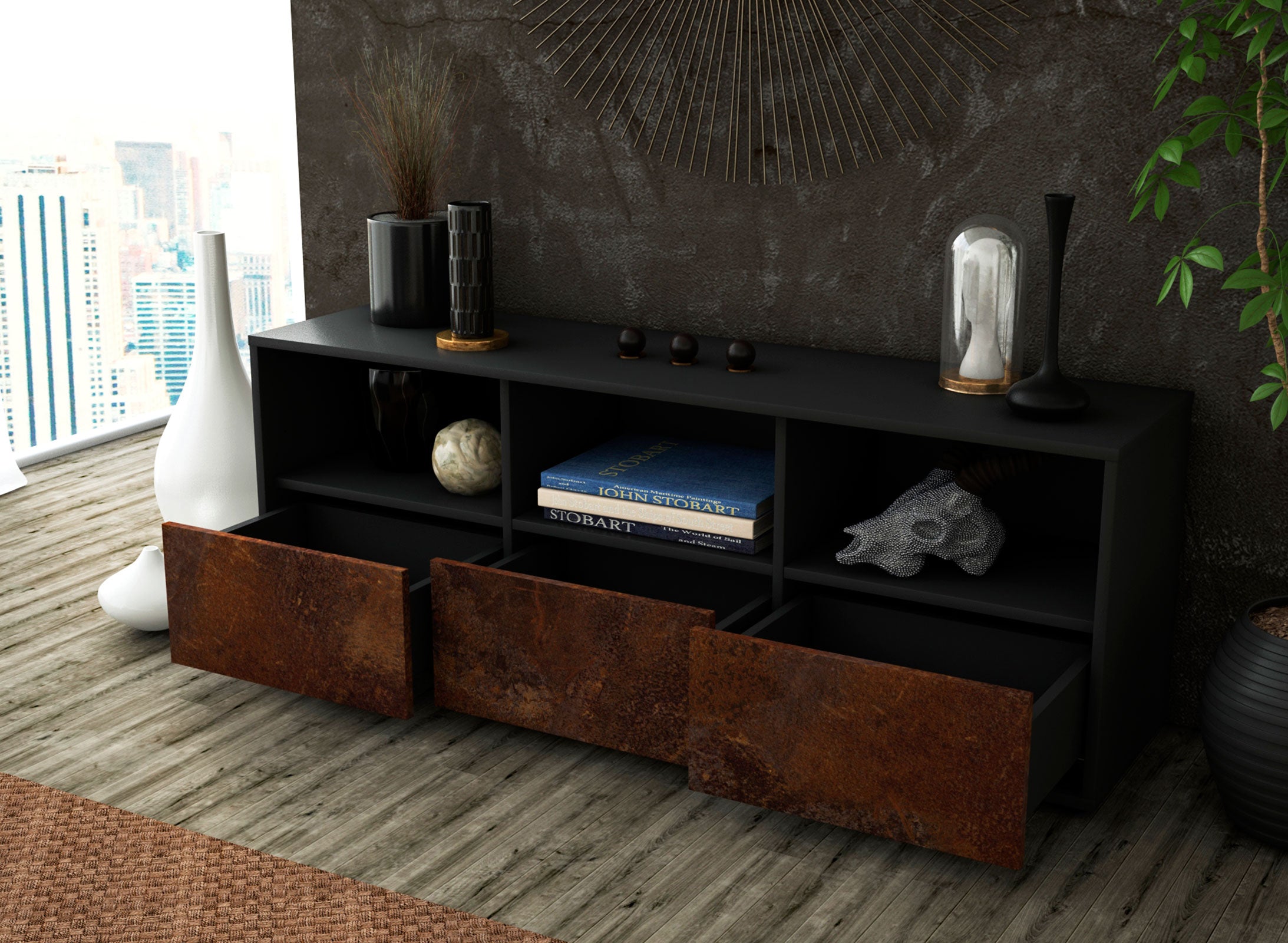Lowboard - Amalia - Design Industrie Stil - Freistehend mit Push to Open 136 cm Anthrazit