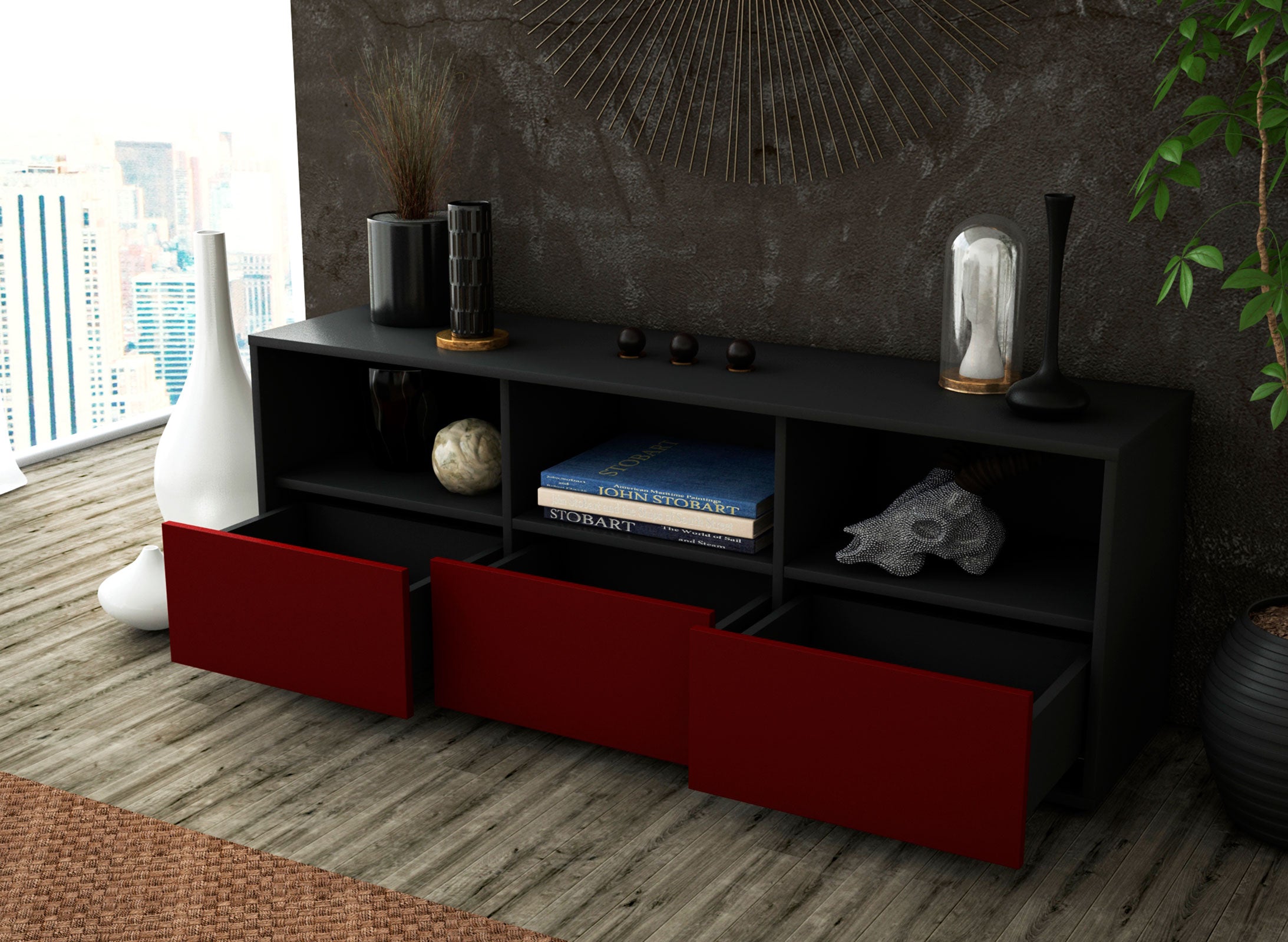 Lowboard - Amalia - Design Farbakzent - Freistehend mit Push to Open 136 cm Anthrazit