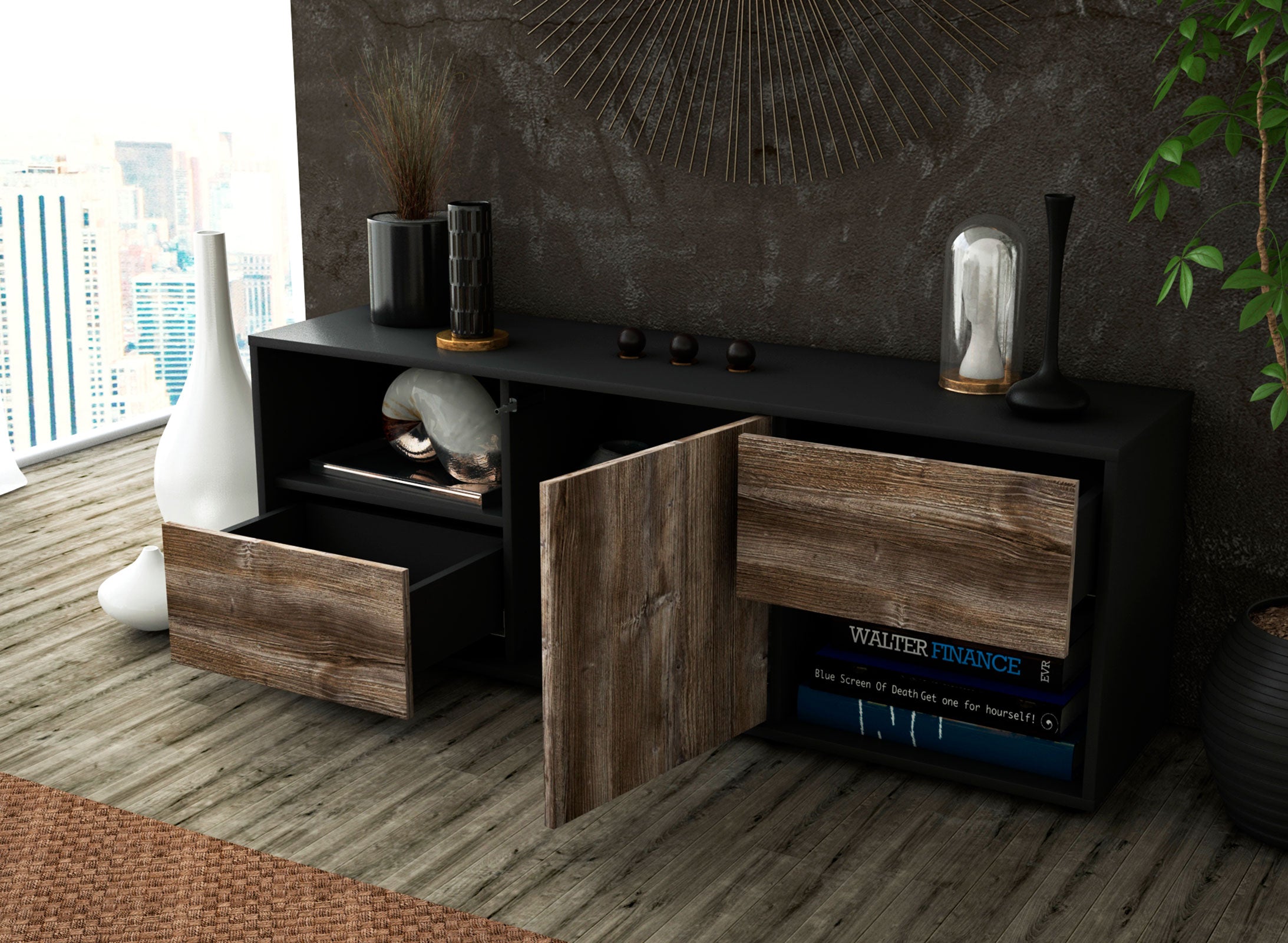 Lowboard - Ambra - Design Holzdekor - Freistehend mit Push to Open 136 cm Anthrazit
