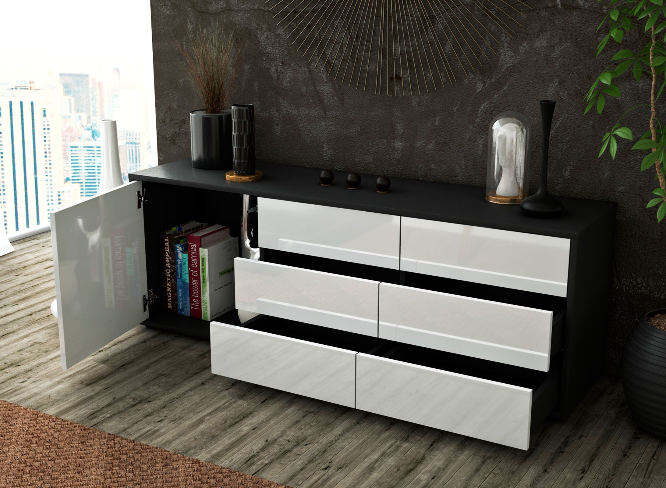 Lowboard - Amedea - Design Hochglanz - Freistehend mit Push to Open 136 cm Anthrazit