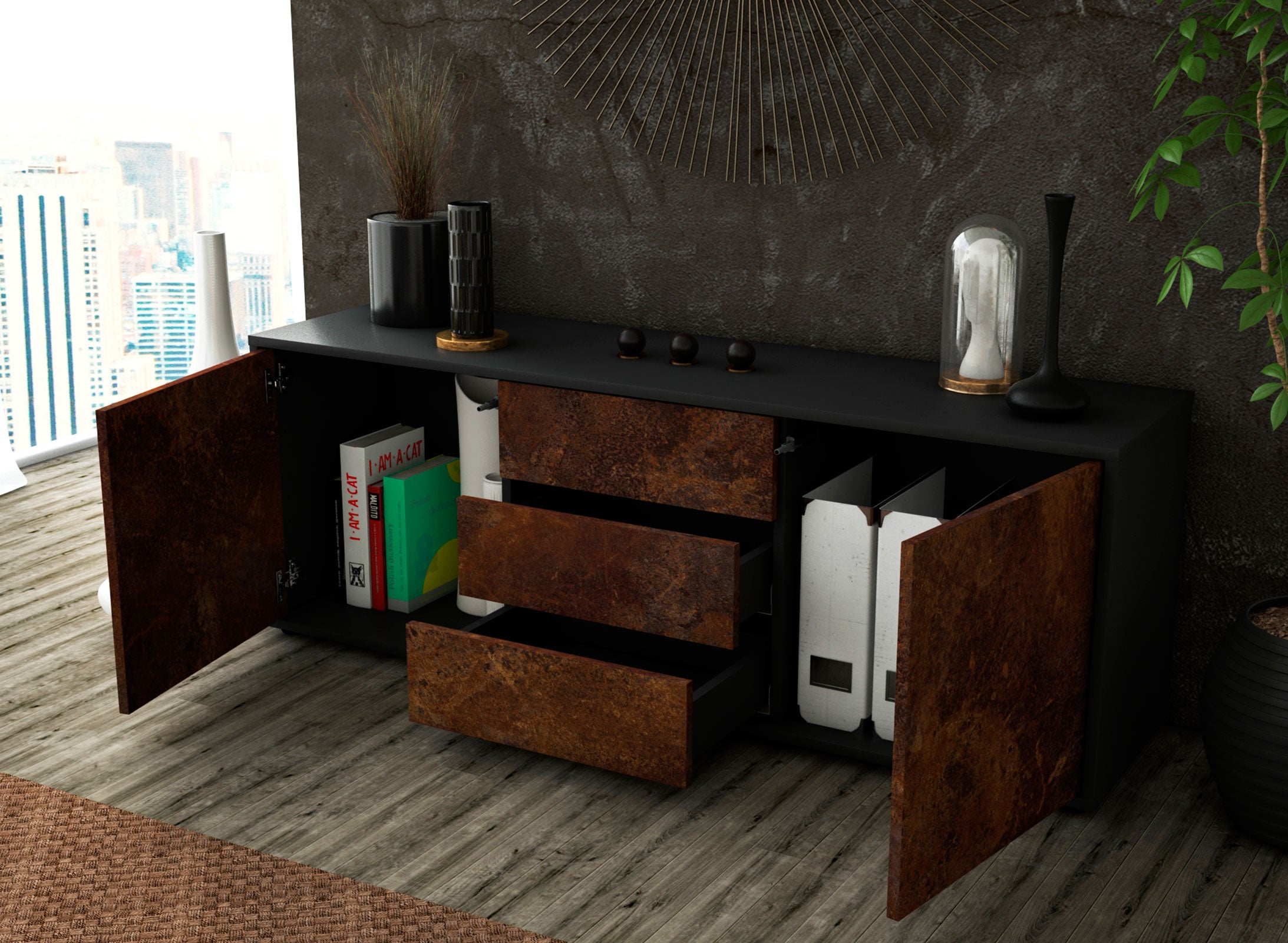 Lowboard - Ameline - Design Industrie Stil - Freistehend mit Push to Open 136 cm Anthrazit