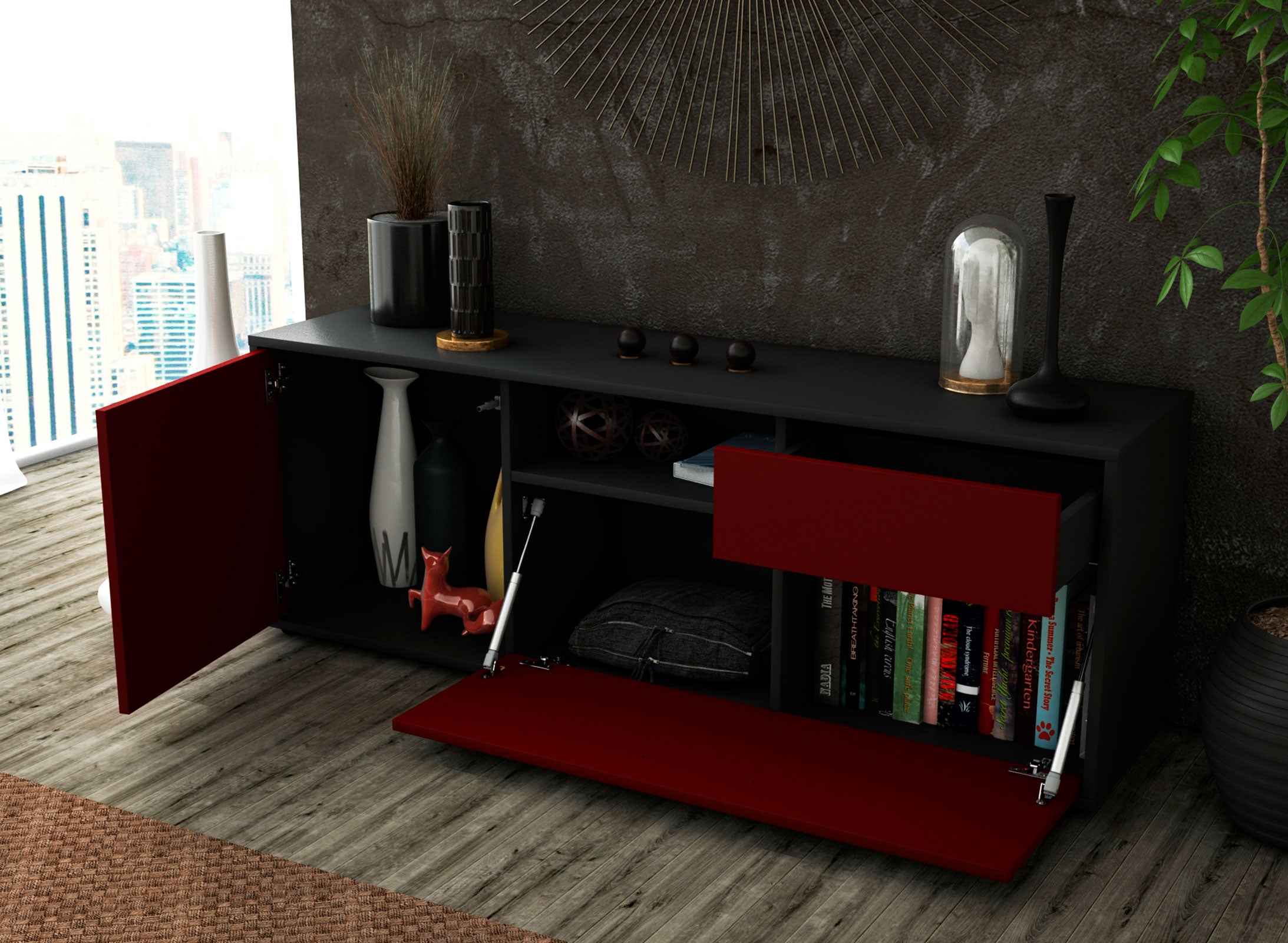 Lowboard - Amila - Design Farbakzent - Freistehend mit Push to Open 136 cm Anthrazit