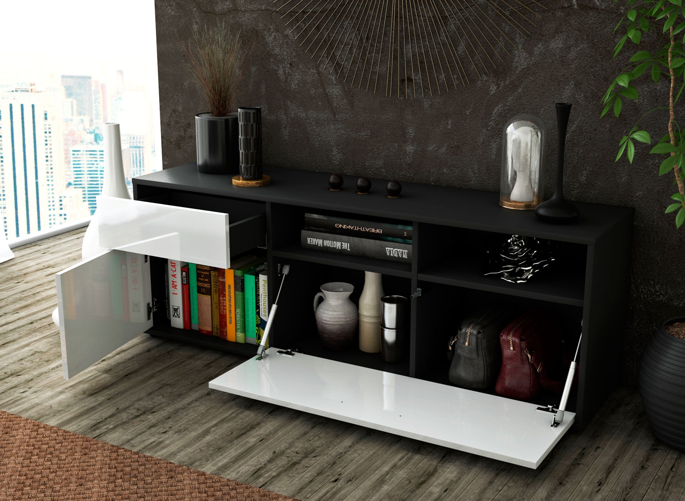 Lowboard - Amisa - Design Hochglanz - Freistehend mit Push to Open 136 cm Anthrazit