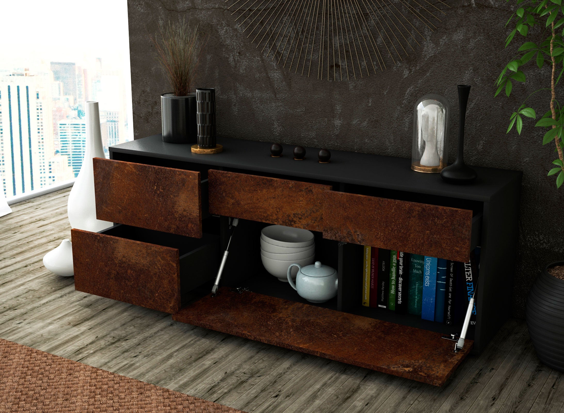 Lowboard - Anais - Design Industrie Stil - Freistehend mit Push to Open 136 cm Anthrazit