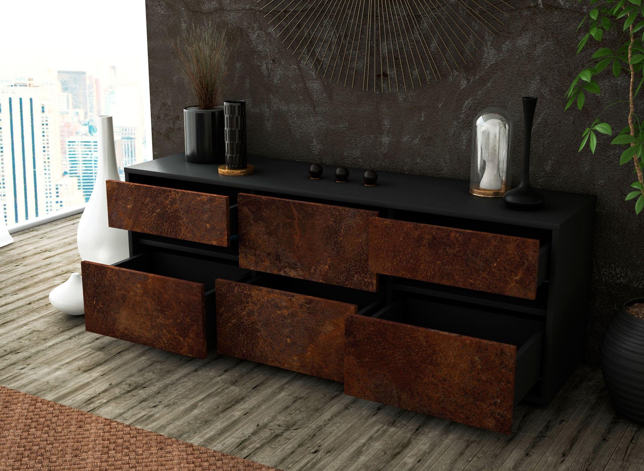 Lowboard - Andrea - Design Industrie Stil - Freistehend mit Push to Open 136 cm Anthrazit