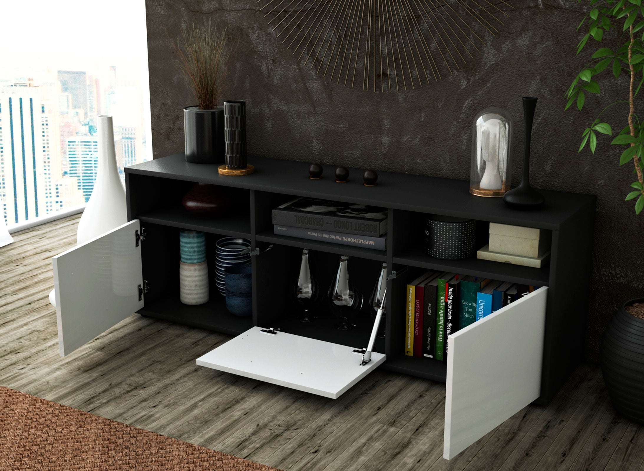 Lowboard - Andrina - Design Hochglanz - Freistehend mit Push to Open 136 cm Anthrazit