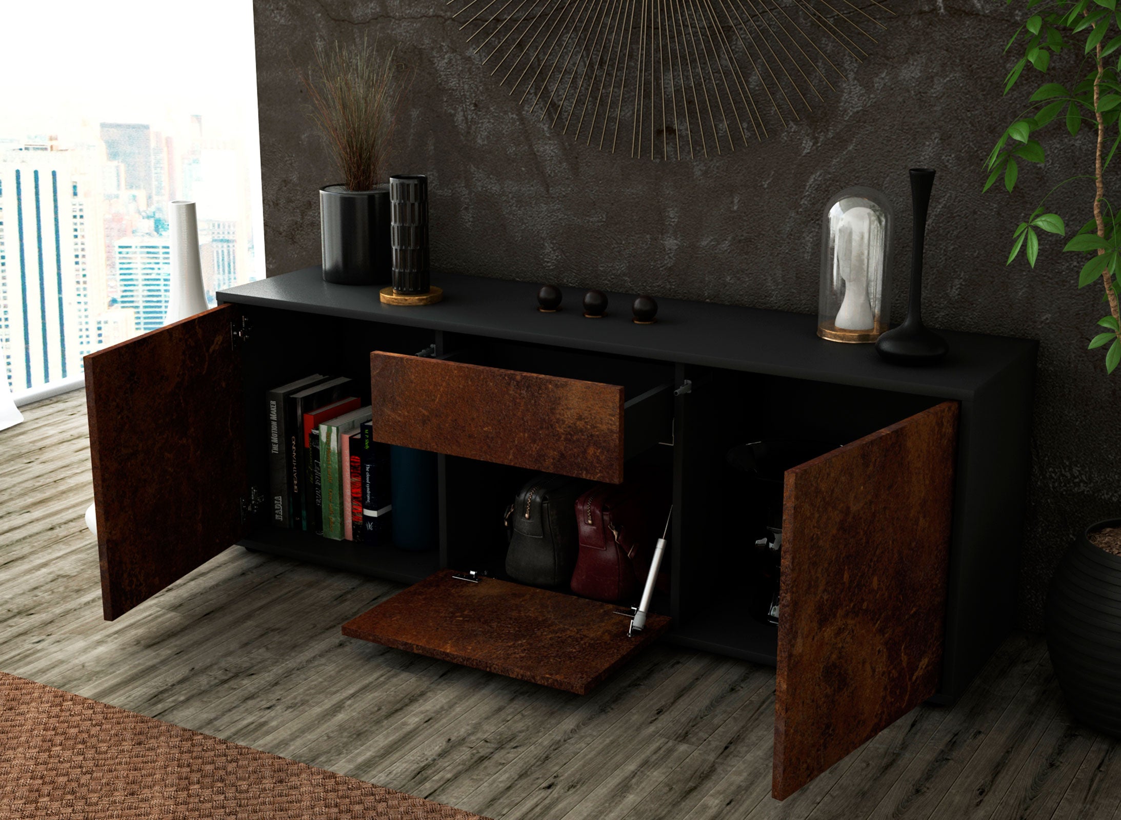 Lowboard - Anella - Design Industrie Stil - Freistehend mit Push to Open 136 cm Anthrazit