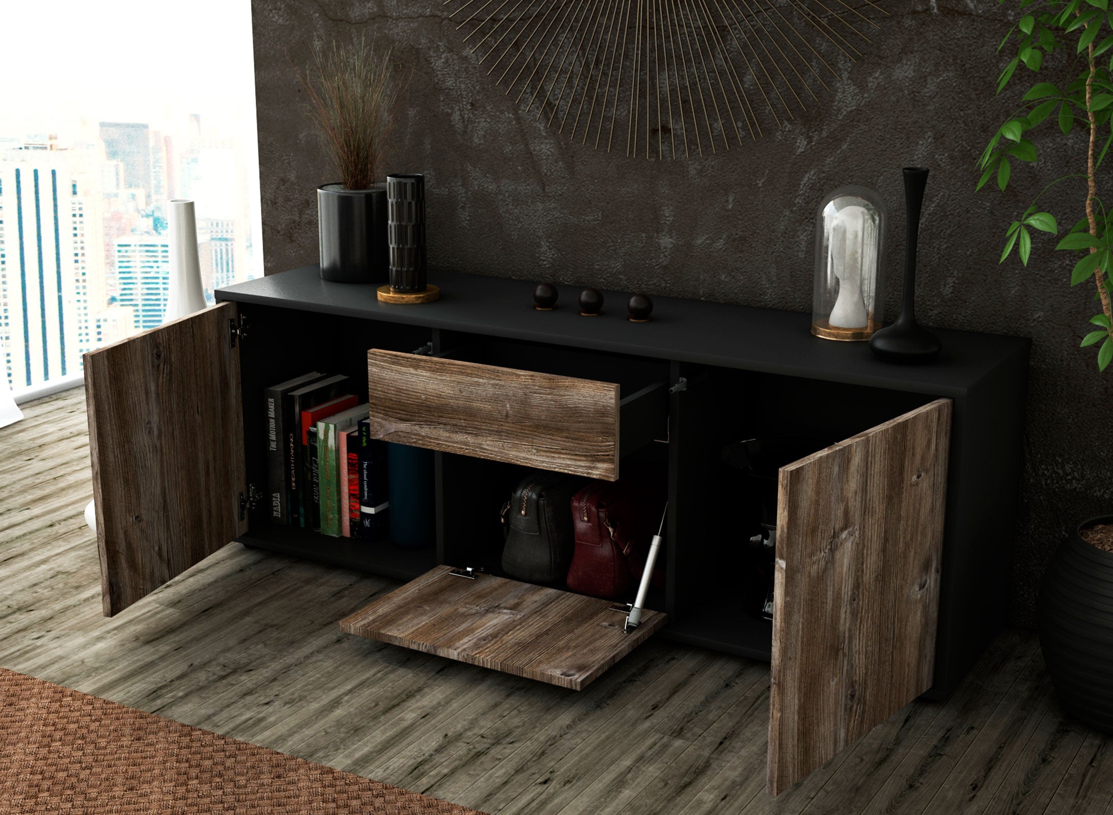 Lowboard - Anella - Design Holzdekor - Freistehend mit Push to Open 136 cm Anthrazit