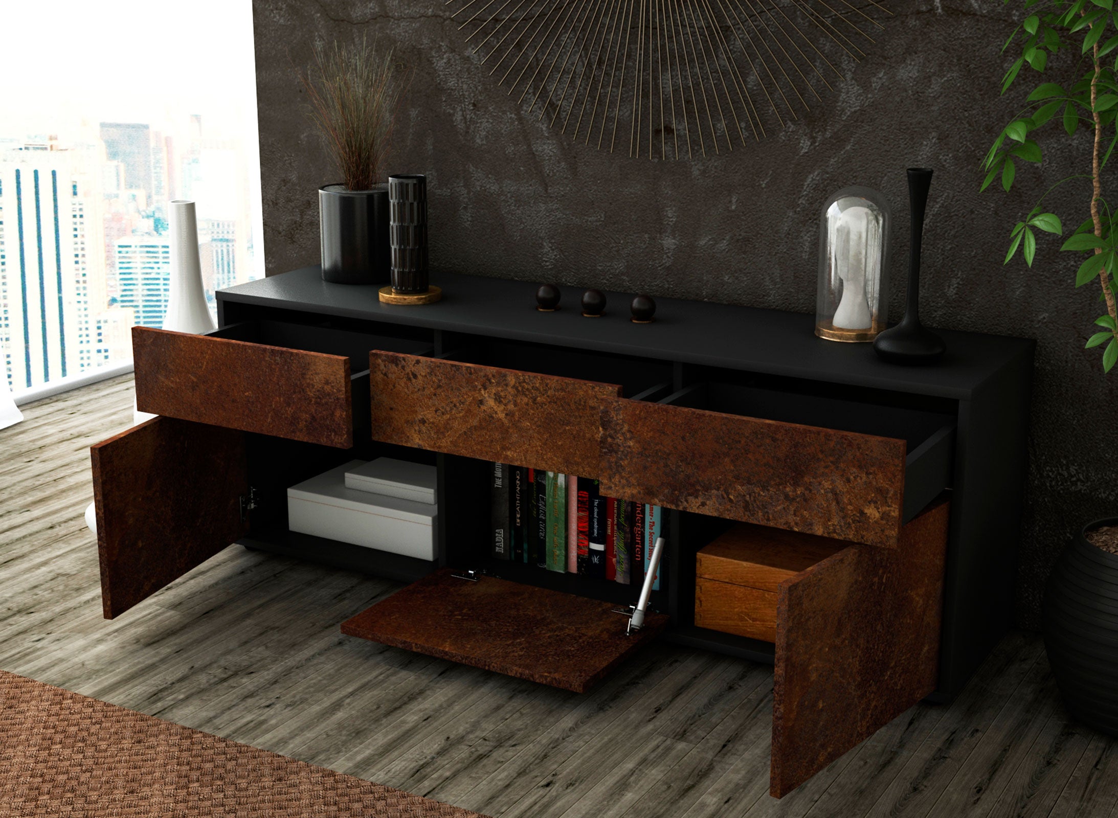 Lowboard - Angela - Design Industrie Stil - Freistehend mit Push to Open 136 cm Anthrazit