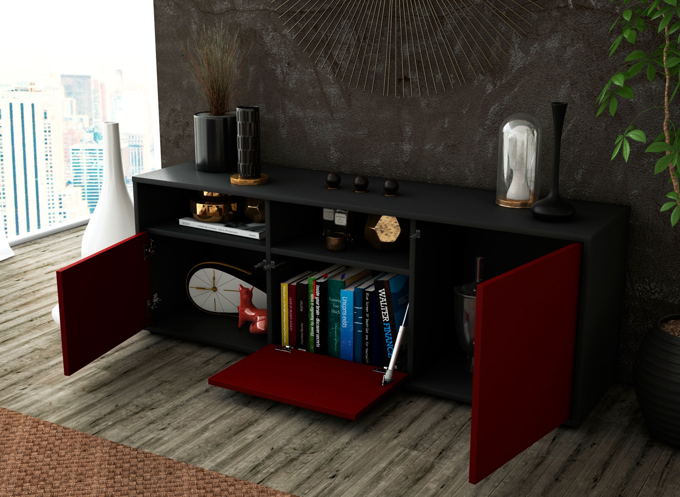 Lowboard - Anina - Design Farbakzent - Freistehend mit Push to Open 136 cm Anthrazit