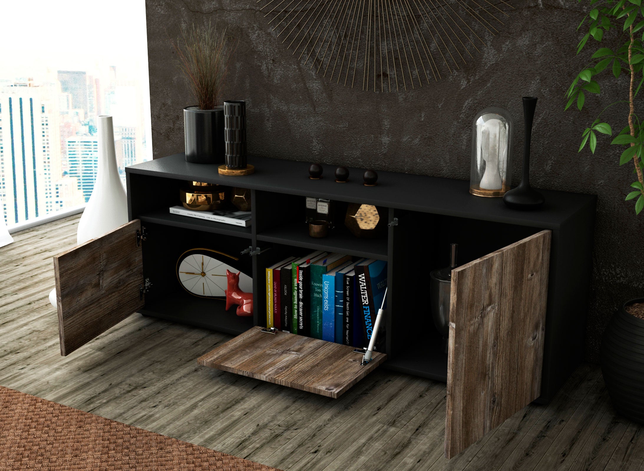 Lowboard - Anina - Design Holzdekor - Freistehend mit Push to Open 136 cm Anthrazit