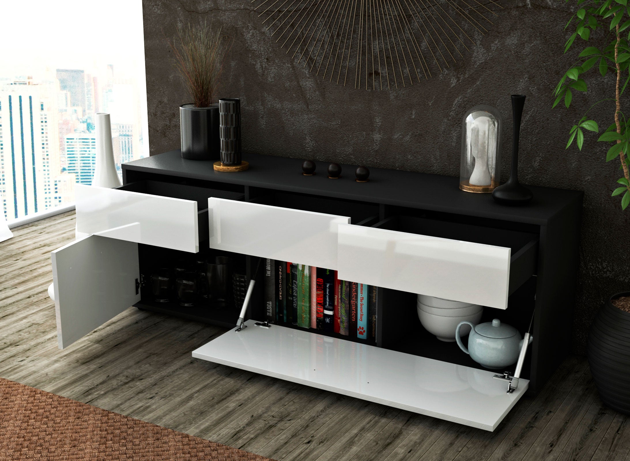 Lowboard - Anjelika - Design Hochglanz - Freistehend mit Push to Open 136 cm Anthrazit