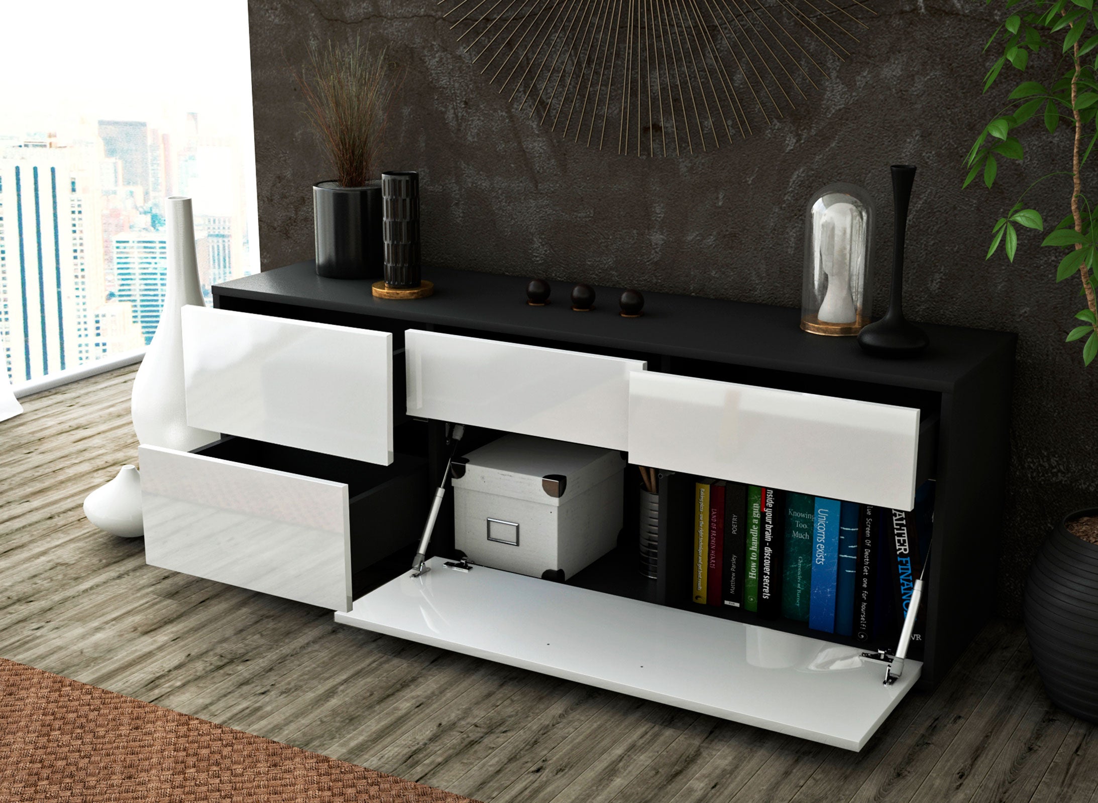Lowboard - Anna - Design Hochglanz - Freistehend mit Push to Open 136 cm Anthrazit