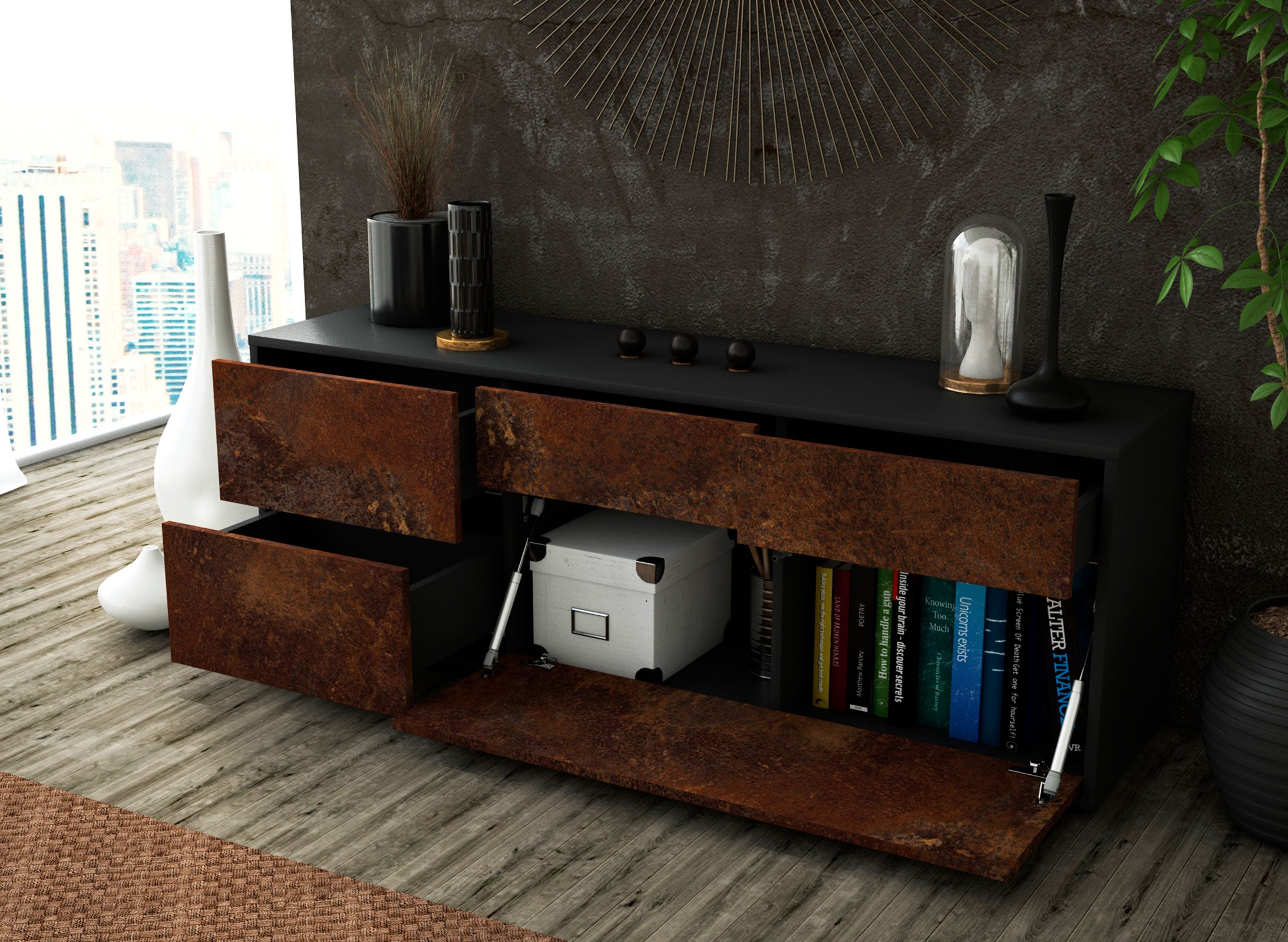 Lowboard - Anna - Design Industrie Stil - Freistehend mit Push to Open 136 cm Anthrazit