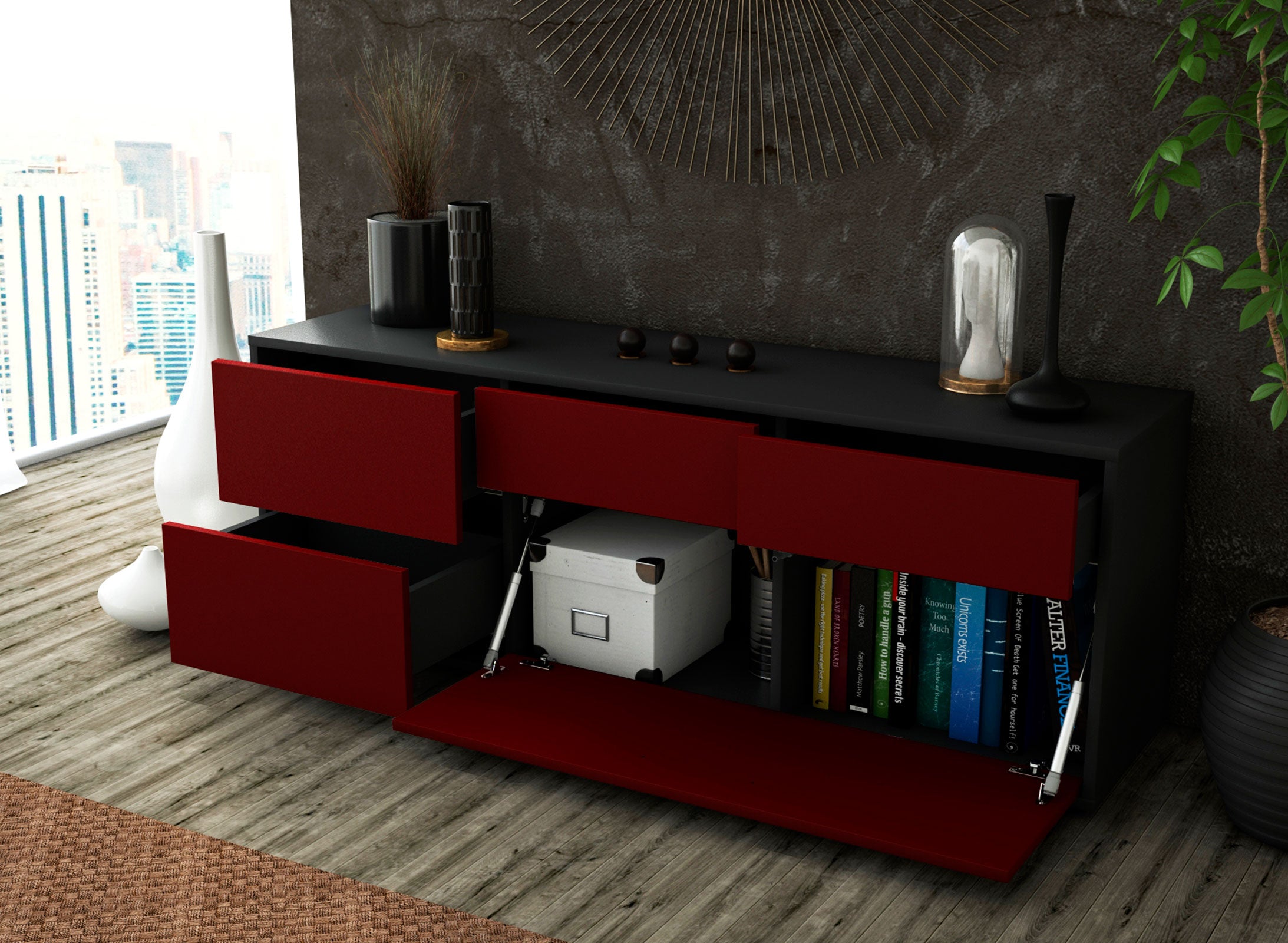 Lowboard - Anna - Design Farbakzent - Freistehend mit Push to Open 136 cm Anthrazit