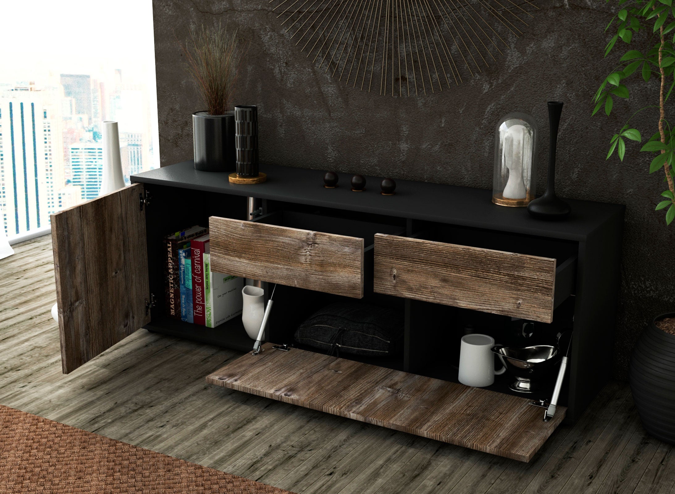 Lowboard - Annabell - Design Holzdekor - Freistehend mit Push to Open 136 cm Anthrazit