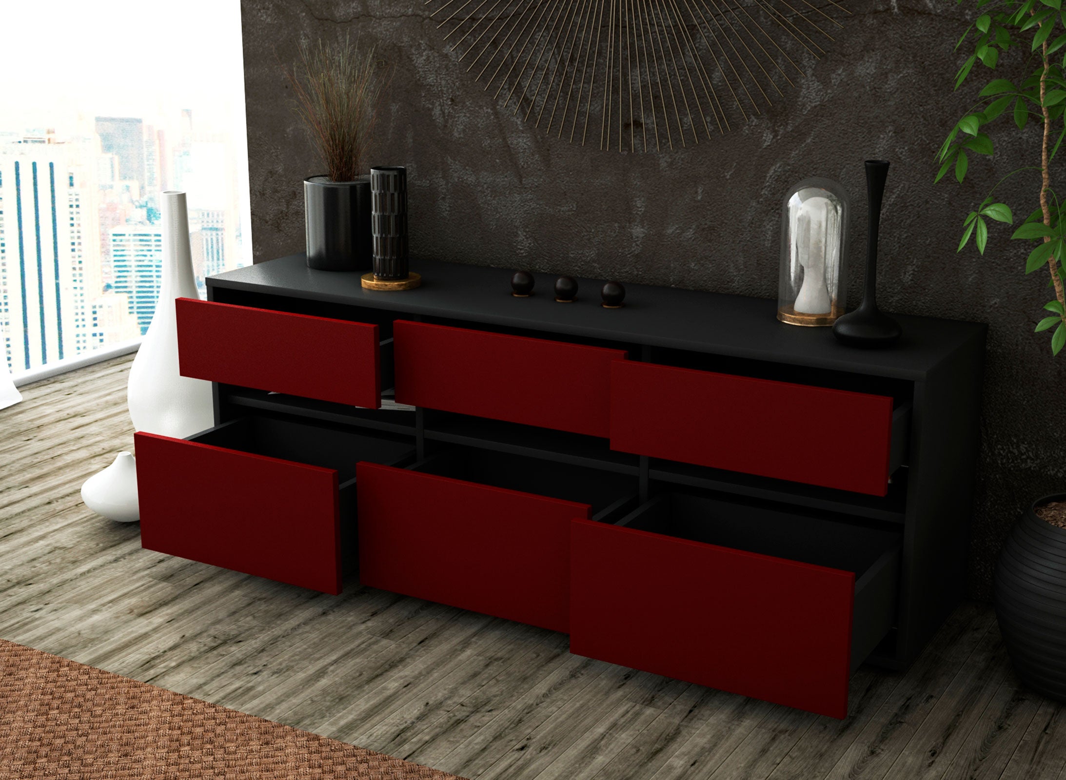 Lowboard - Annalena - Design Farbakzent - Freistehend mit Push to Open 136 cm Anthrazit