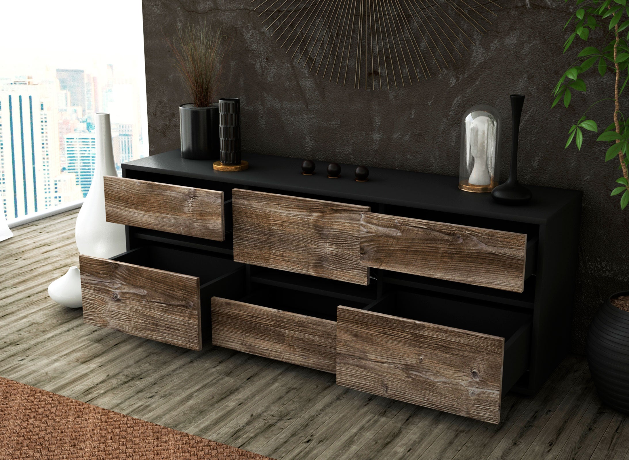 Lowboard - Annalisa - Design Holzdekor - Freistehend mit Push to Open 136 cm Anthrazit