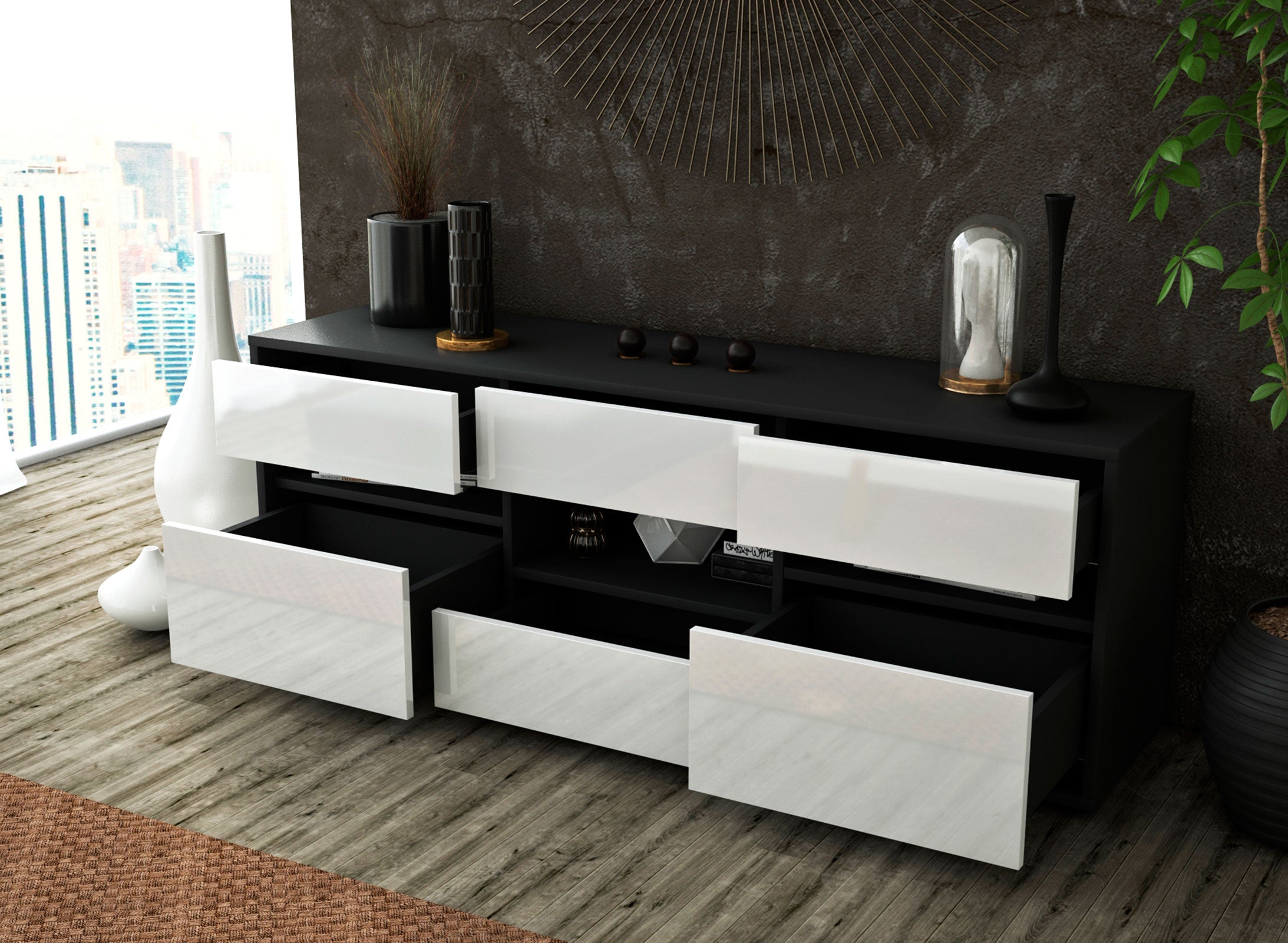 Lowboard - Annamaria - Design Hochglanz - Freistehend mit Push to Open 136 cm Anthrazit