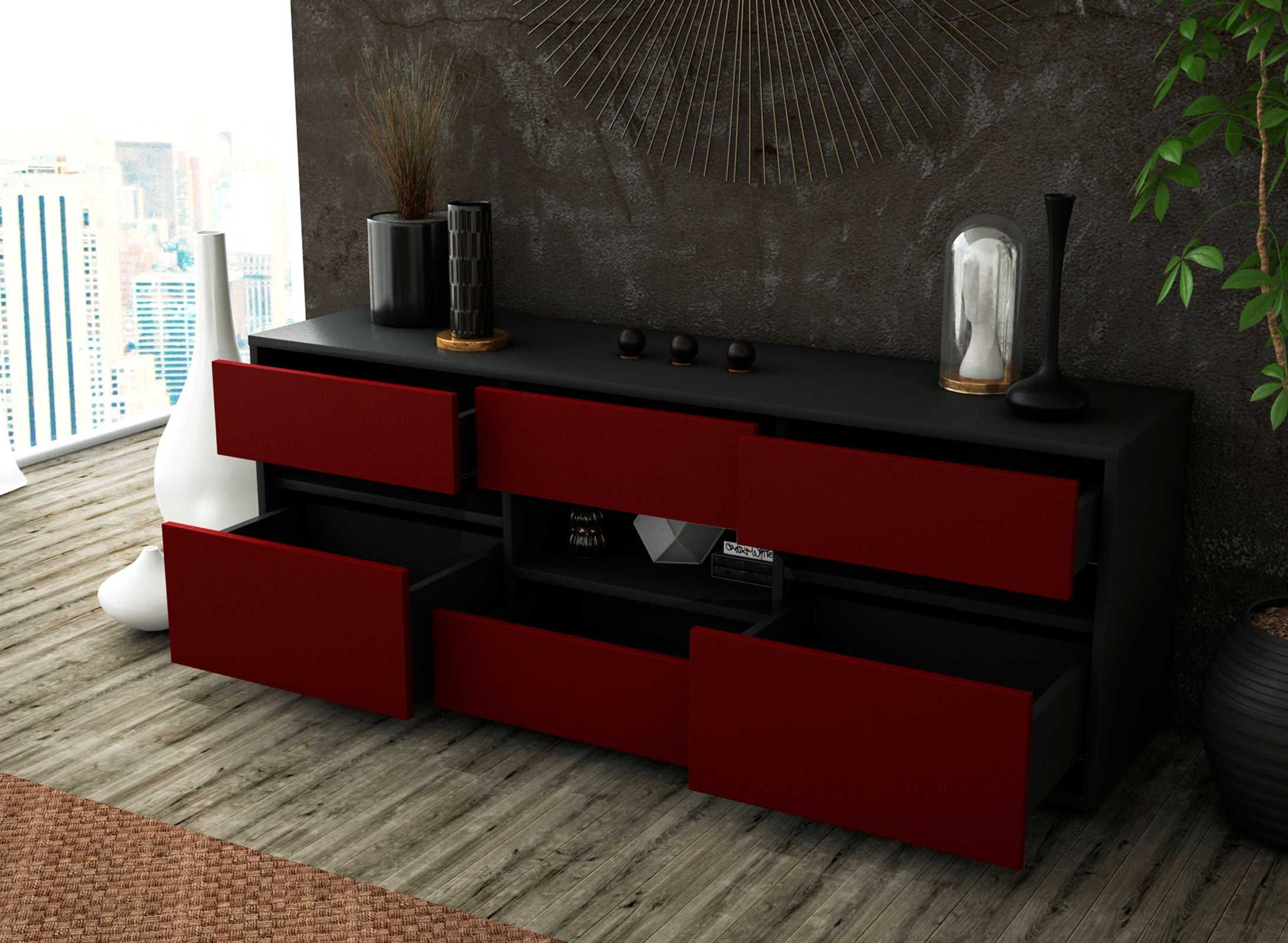 Lowboard - Annamaria - Design Farbakzent - Freistehend mit Push to Open 136 cm Anthrazit